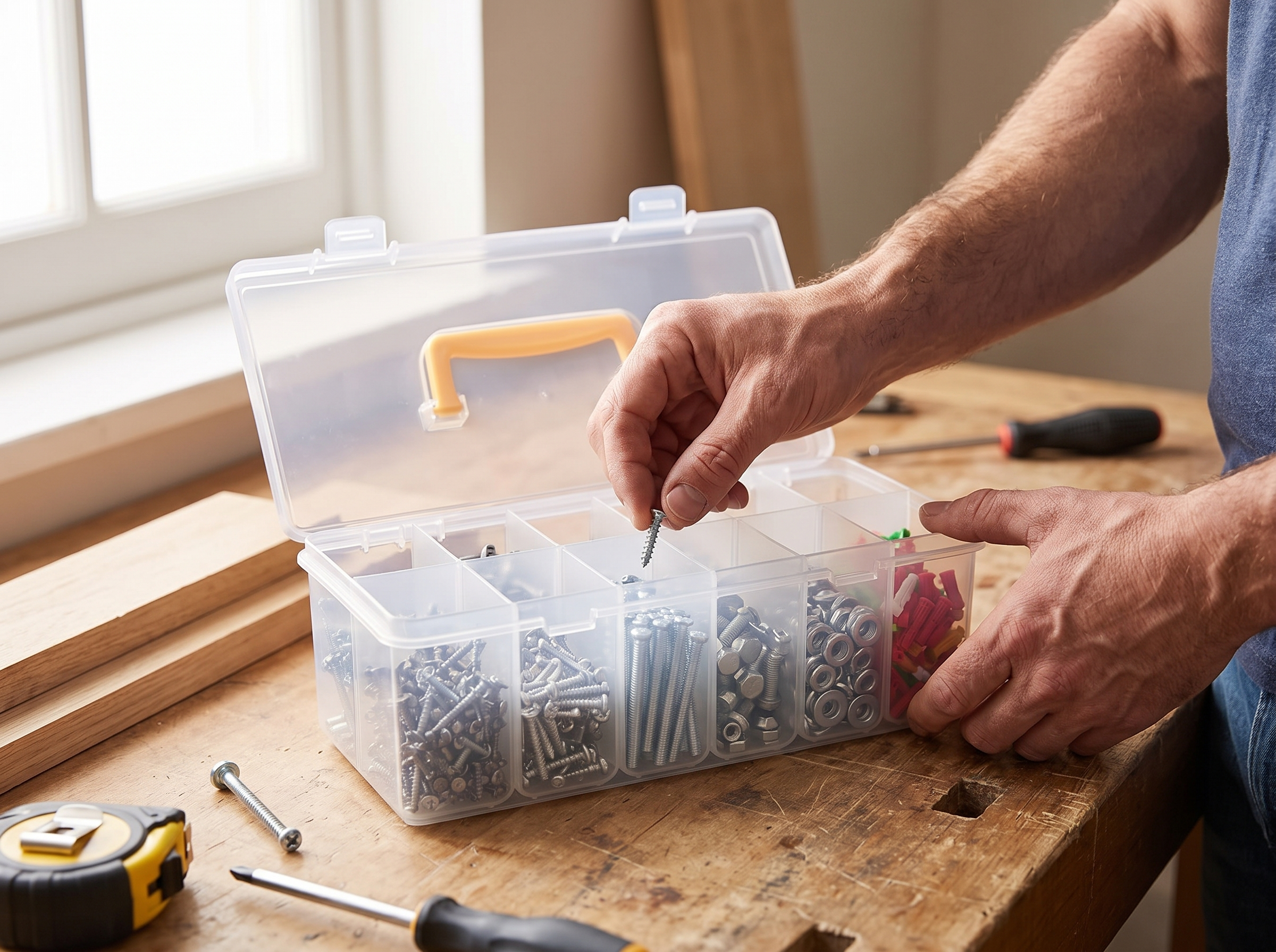 7-Compartment Portable Hardware Organizer Box shown in natural everyday use at home