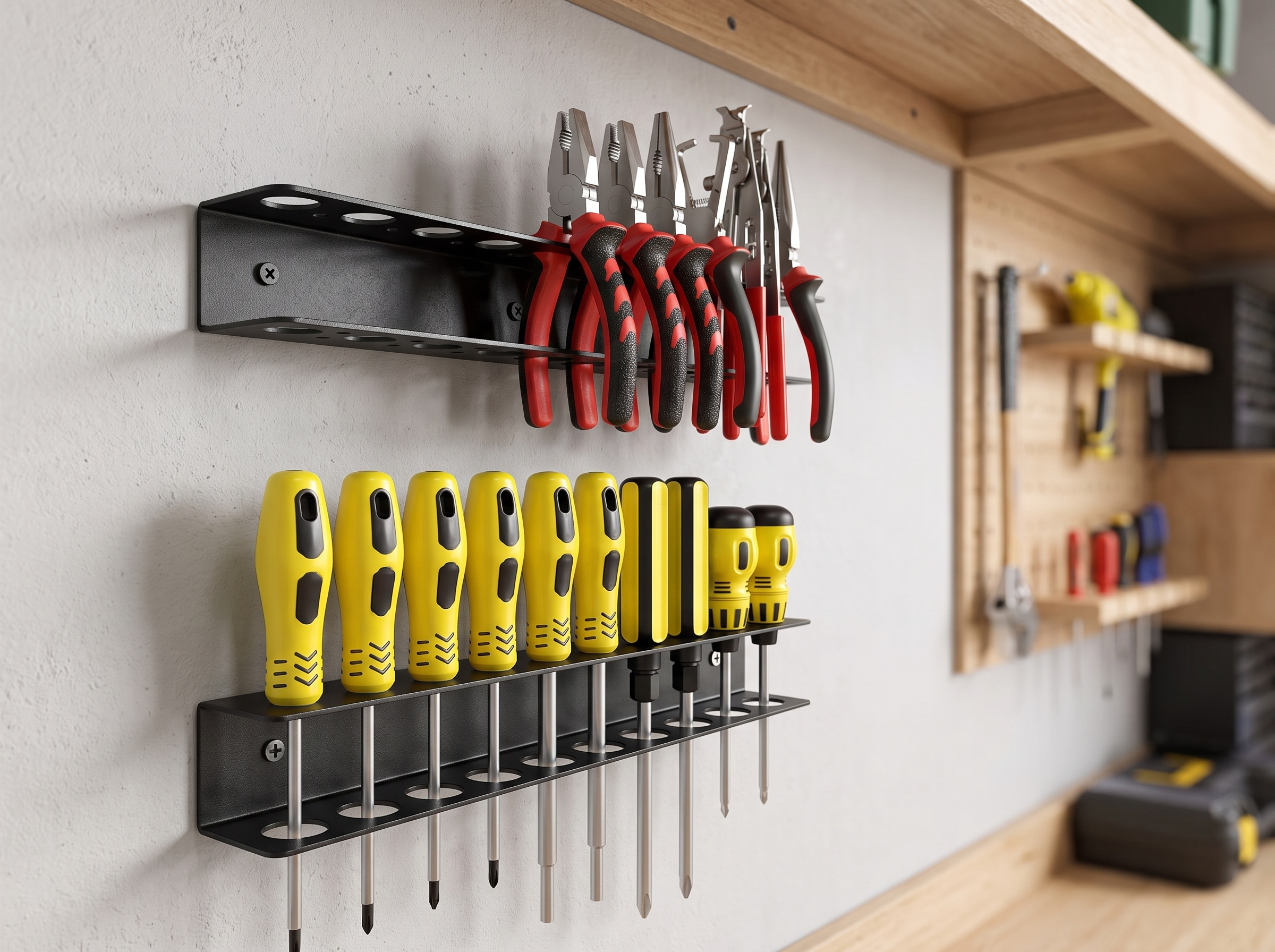 Metal Wall-Mounted Tool Rack for Screwdrivers & Pliers – Garage Organizer in a realistic home setting