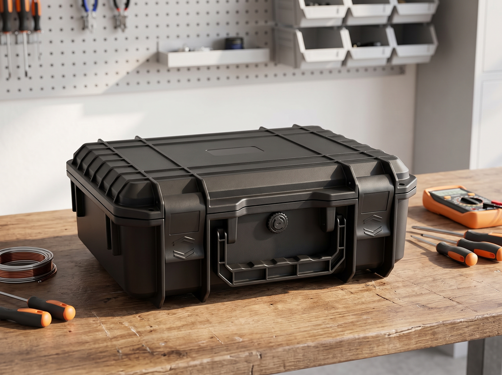 Waterproof Hard Plastic Storage Box for Tools and Small Electronics in a realistic home setting