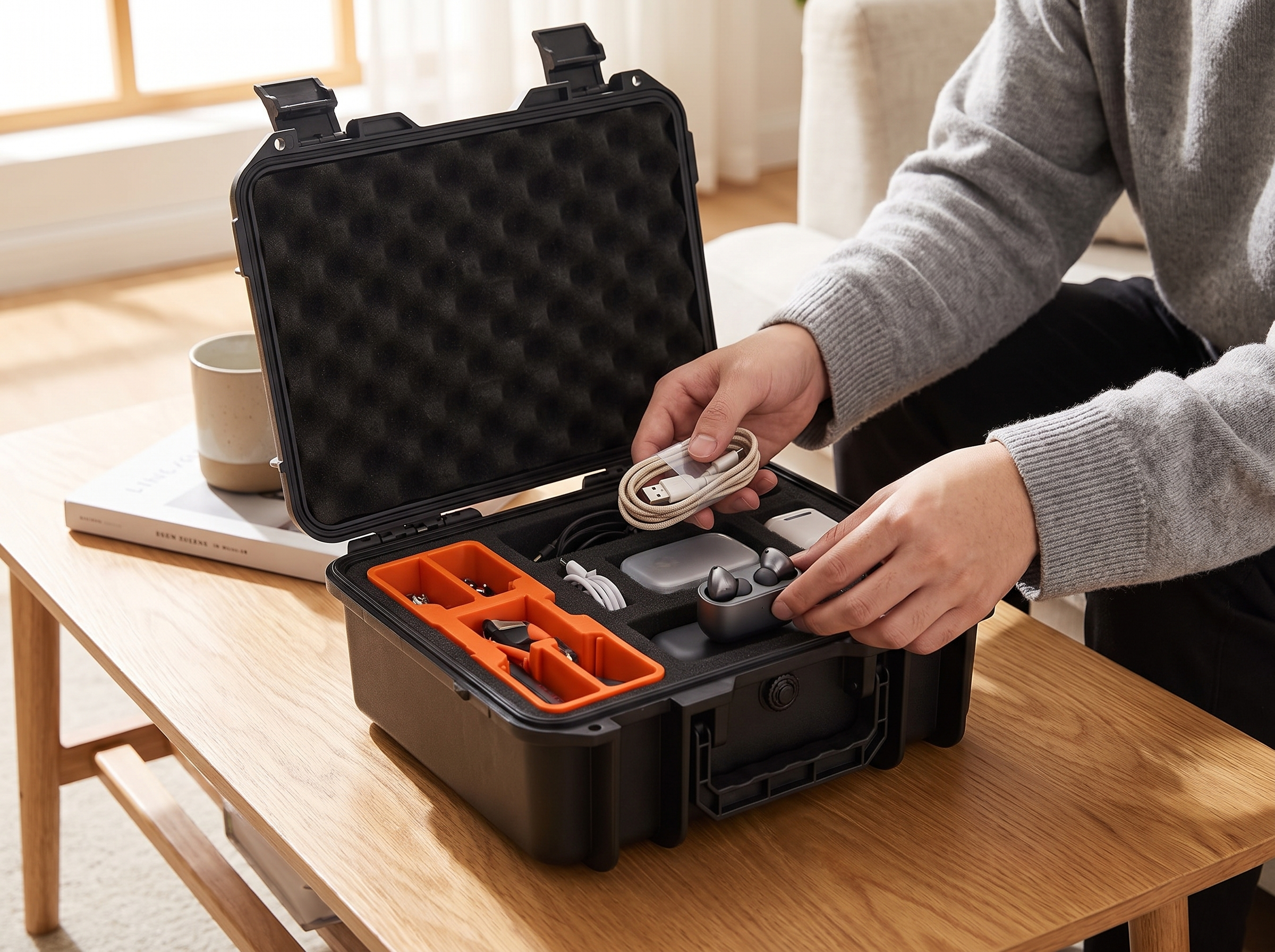 Waterproof Hard Plastic Storage Box for Tools and Small Electronics shown in natural everyday use at home