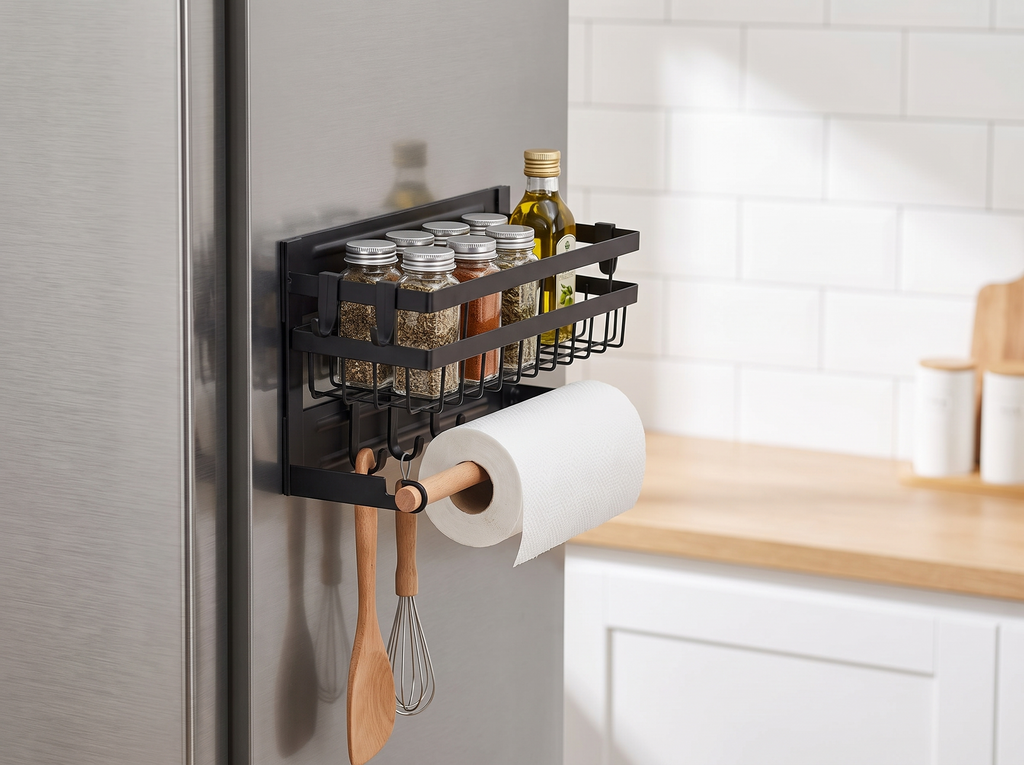 Magnetic Refrigerator Spice Rack with Hooks and Paper Towel Holder in a realistic home setting