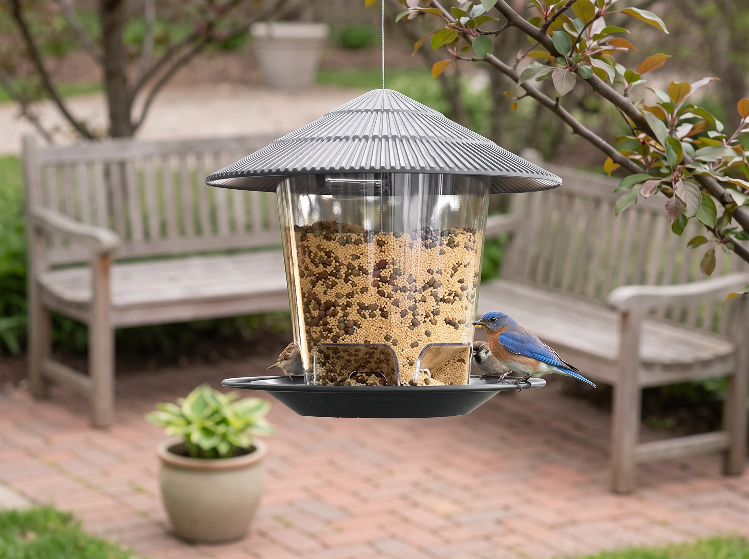 Outdoor Hanging Bird Feeder with Multiple Perches – Plastic, 2.6 lb Capacity in a realistic home setting