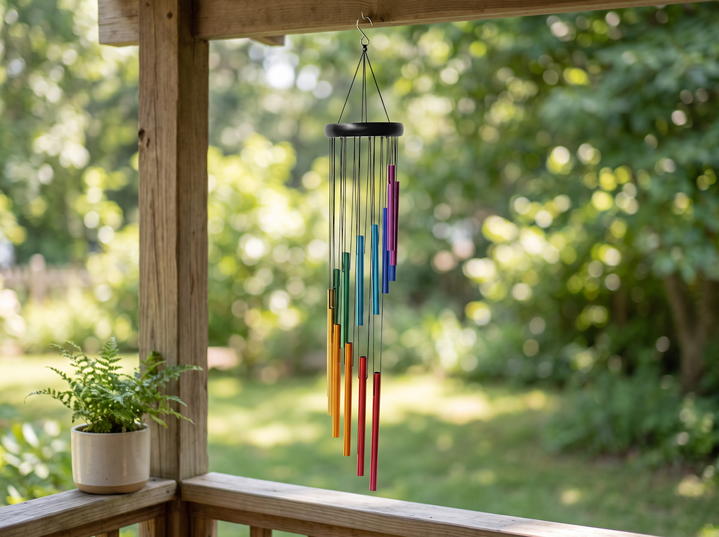 Colorful 12-Tube Wind Chime for Garden or Porch Relaxation in a realistic home setting
