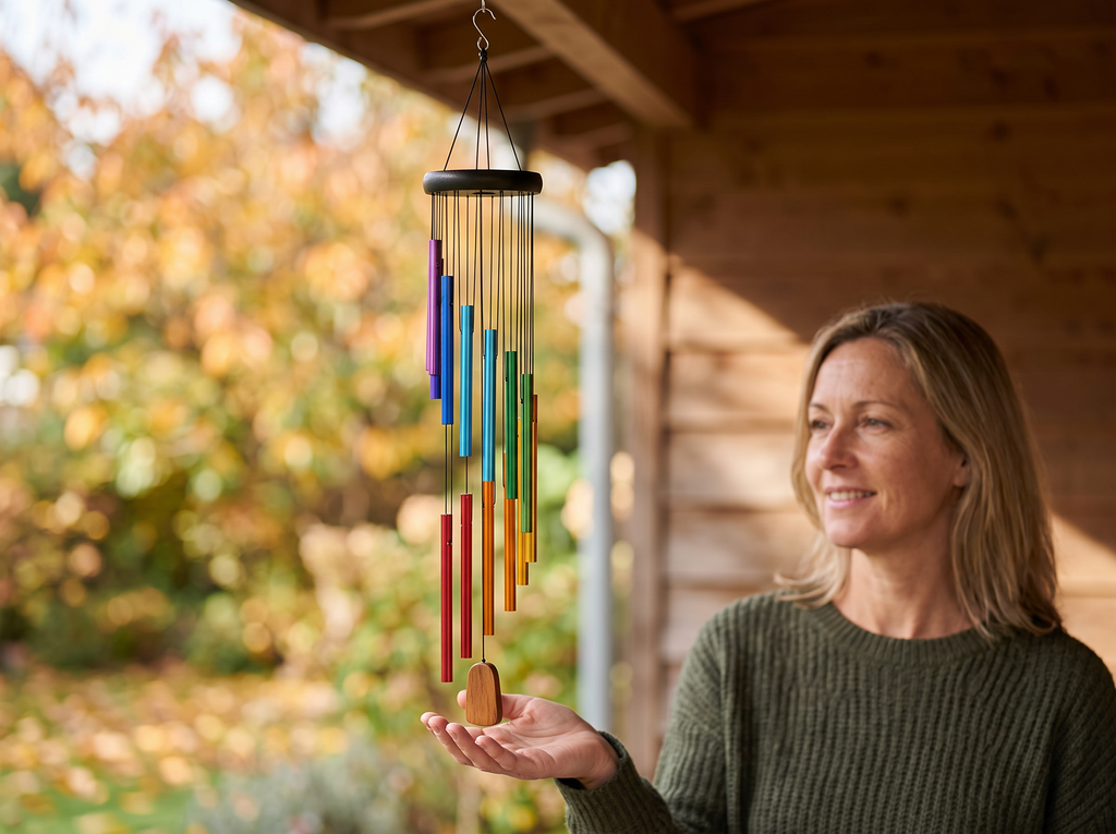 Colorful 12-Tube Wind Chime for Garden or Porch Relaxation shown in natural everyday use at home