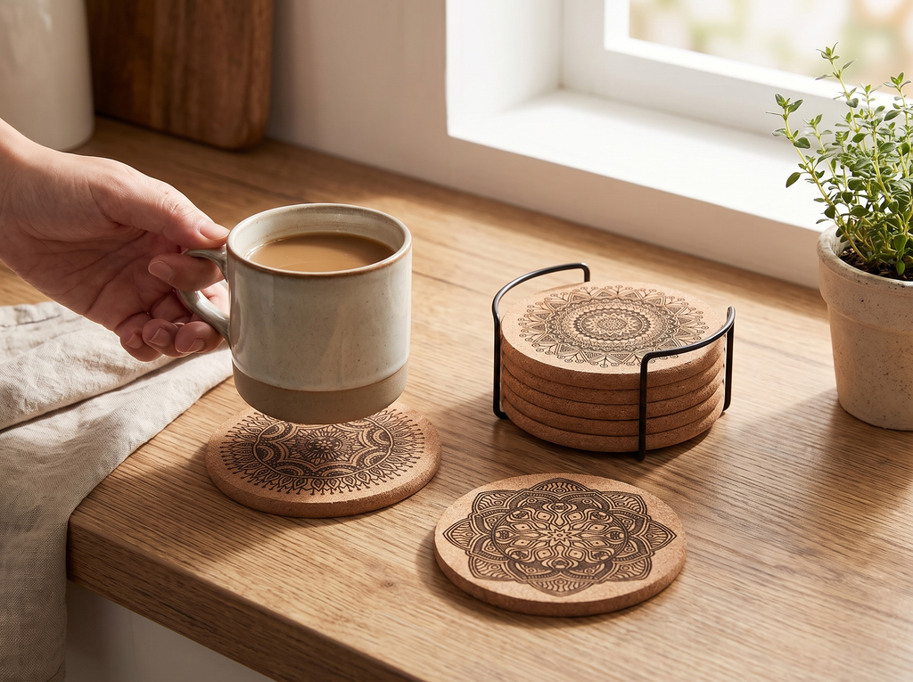 Mandala Flower Wooden Coaster Set, Single-Sided Print, Round, 4 in shown in natural everyday use at home