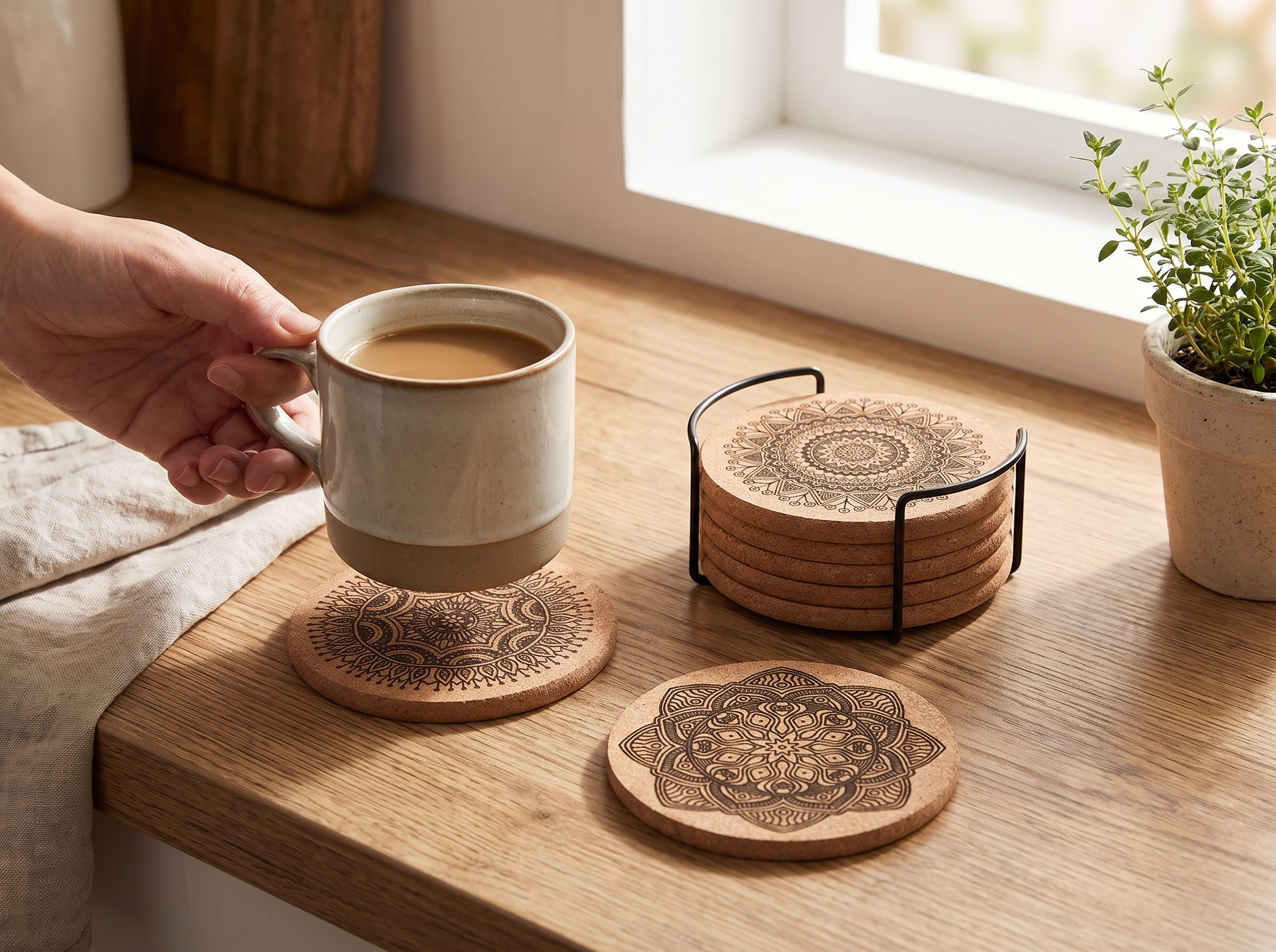 Mandala Flower Wooden Coaster Set, Single-Sided Print, Round, 4 in shown in natural everyday use at home