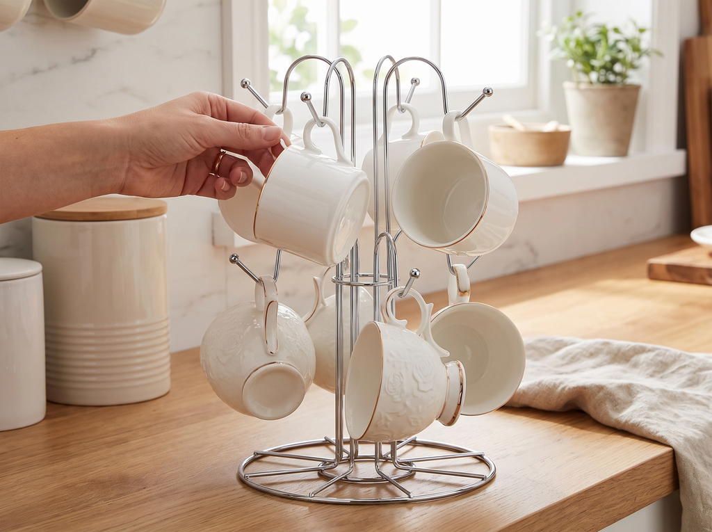 Tree-Shaped Metal Mug Stand for 8 Cups – Countertop Kitchen Organizer shown in natural everyday use at home