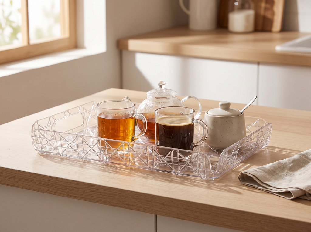 Clear Rectangular Tea and Coffee Tray with Handles – 2 Sizes in a realistic home setting