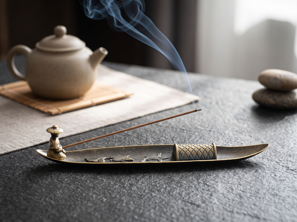 Japanese-Style Metal Boat Incense Stick Holder for Living Room or Study in a realistic home setting