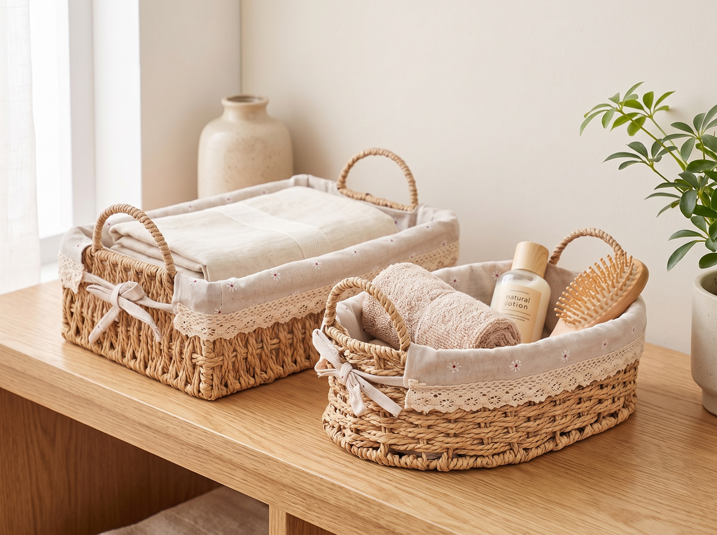 Handwoven Woven Storage Basket with Removable Liner & Handles in a realistic home setting
