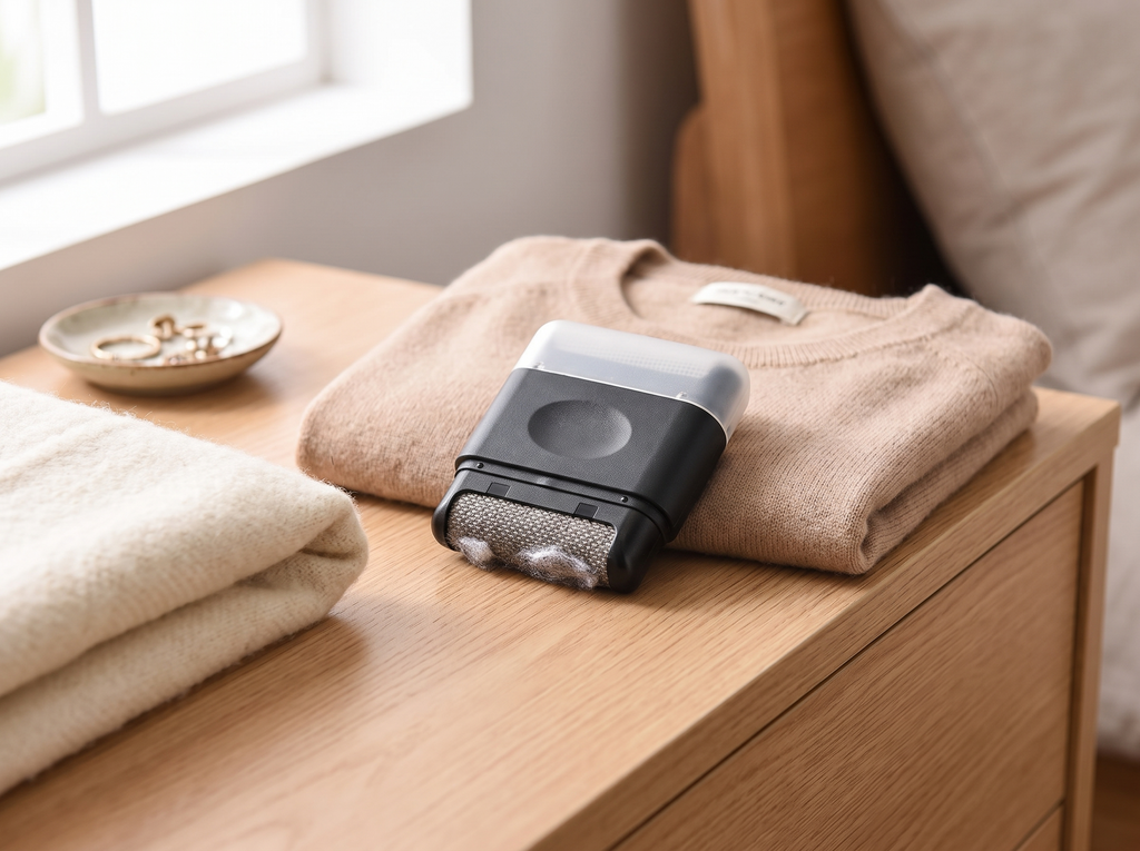 Portable Mini Lint Remover Brush for Sweaters & Coats in a realistic home setting
