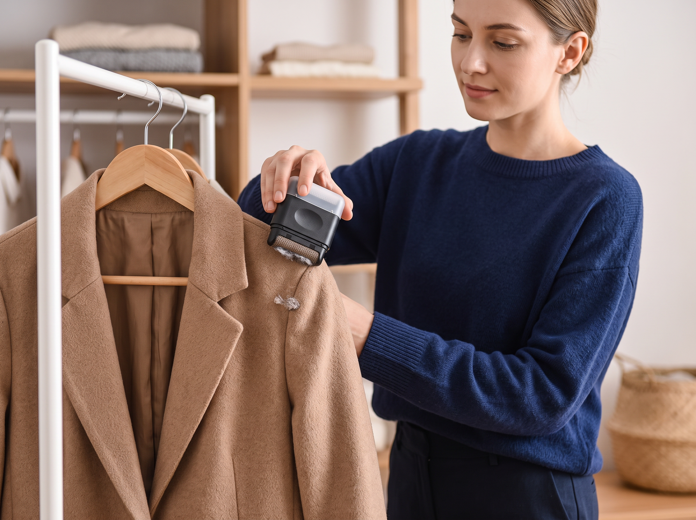 Portable Mini Lint Remover Brush for Sweaters & Coats shown in natural everyday use at home