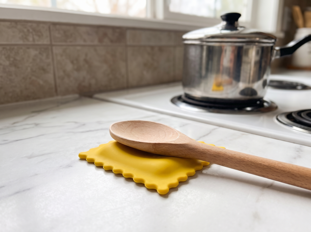 Cartoon Biscuit Silicone Spoon Rest for Kitchen Counters in a realistic home setting