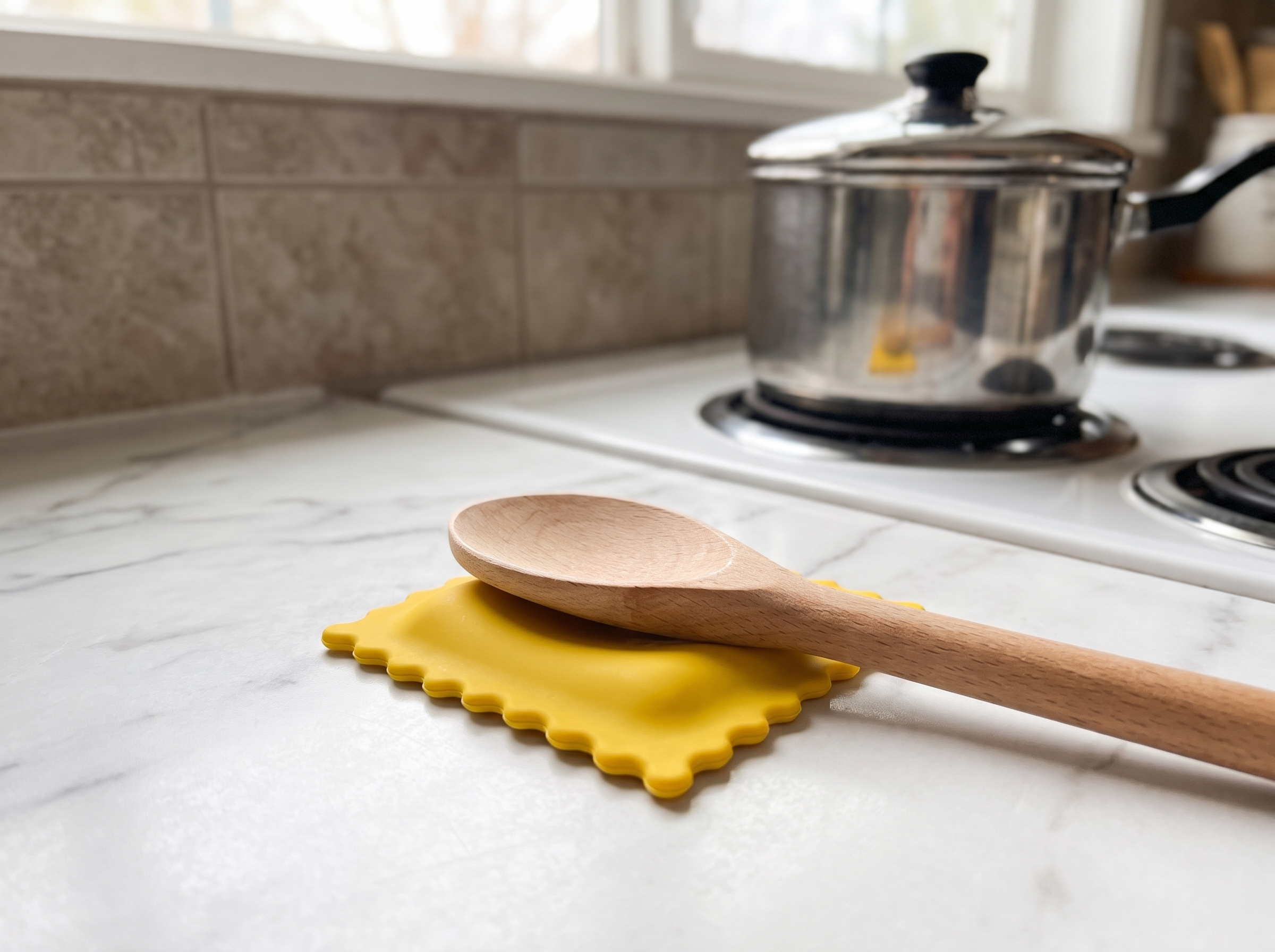 Cartoon Biscuit Silicone Spoon Rest for Kitchen Counters in a realistic home setting
