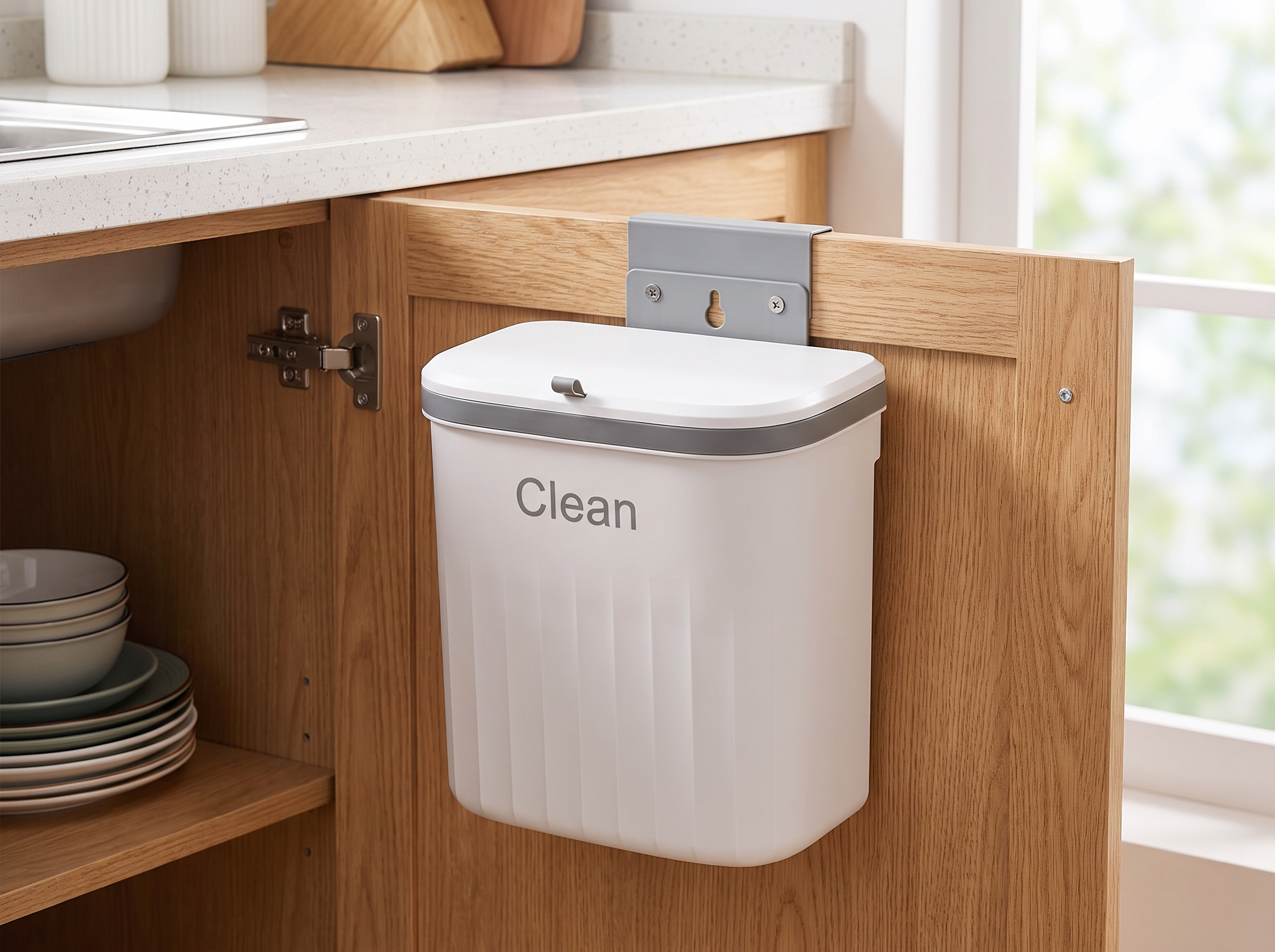 Hanging Kitchen Trash Can with Lid – 8.5L or 12L, Wall or Cabinet Mount in a realistic home setting