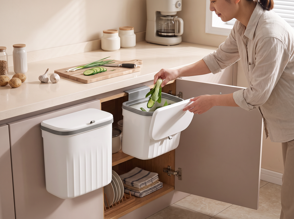 Hanging Kitchen Trash Can with Lid – 8.5L or 12L, Wall or Cabinet Mount shown in natural everyday use at home