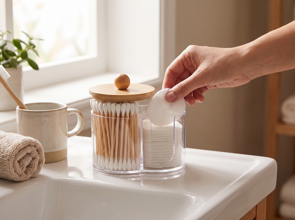 Divided Cotton Pad & Swab Organizer with Lid for Bathroom Counters shown in natural everyday use at home