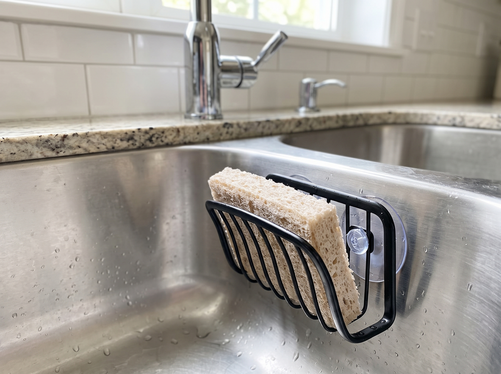 Stainless Steel Suction Cup Sponge Holder for Kitchen Sink in a realistic home setting