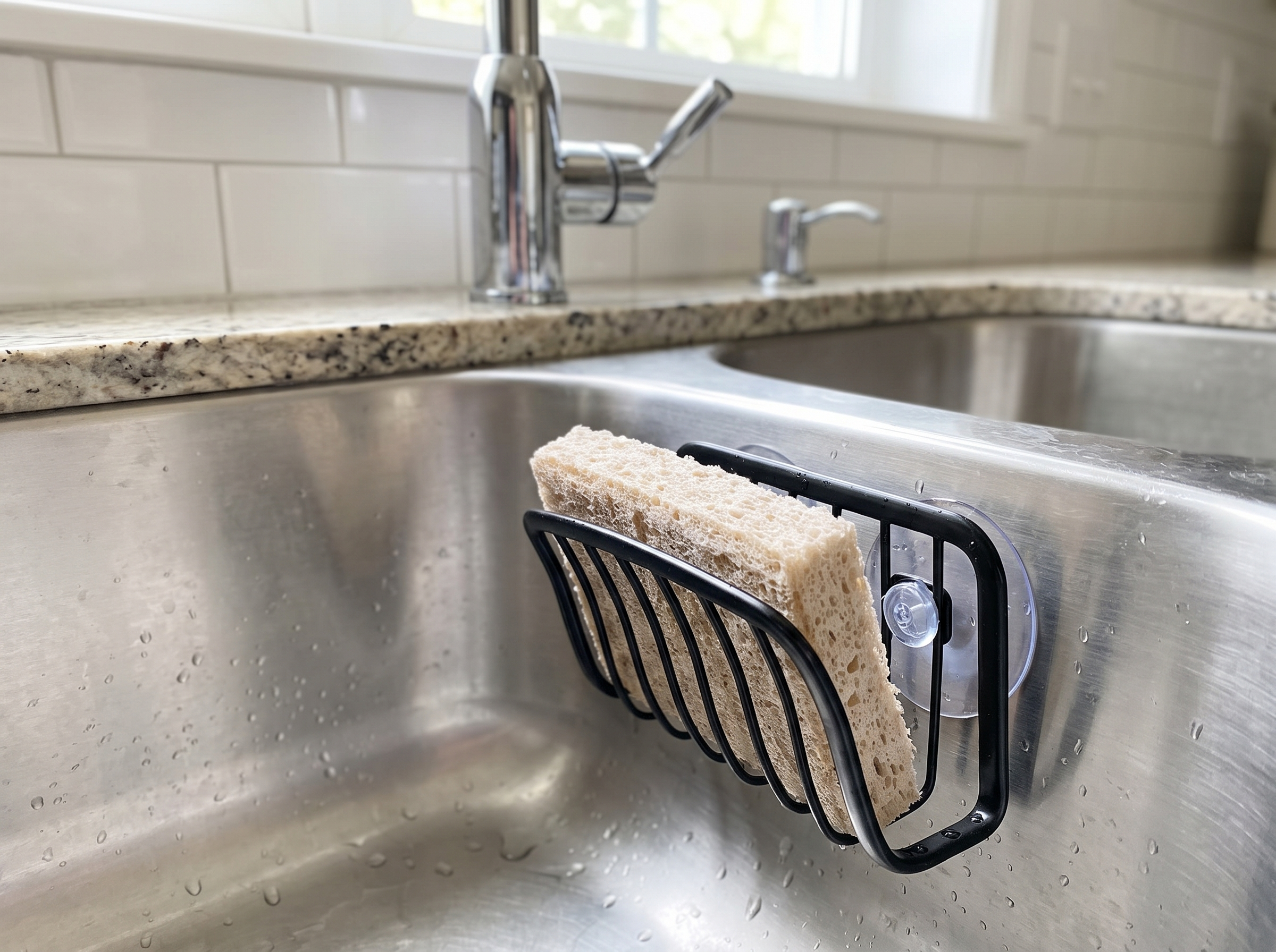 Stainless Steel Suction Cup Sponge Holder for Kitchen Sink in a realistic home setting