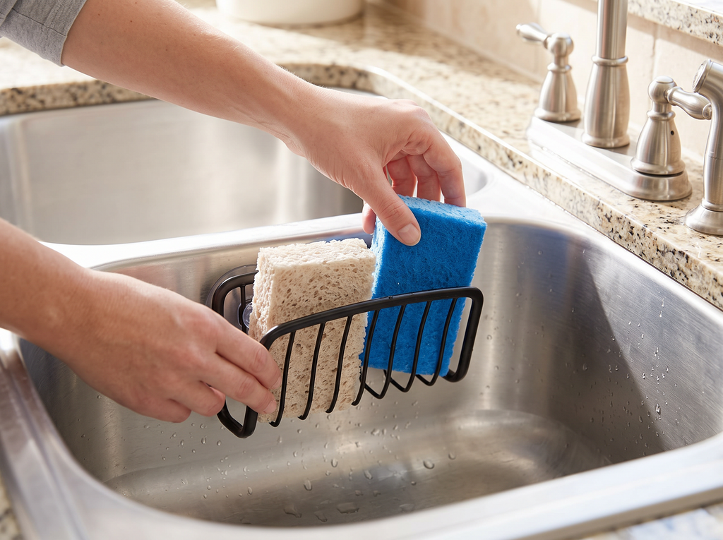Stainless Steel Suction Cup Sponge Holder for Kitchen Sink shown in natural everyday use at home