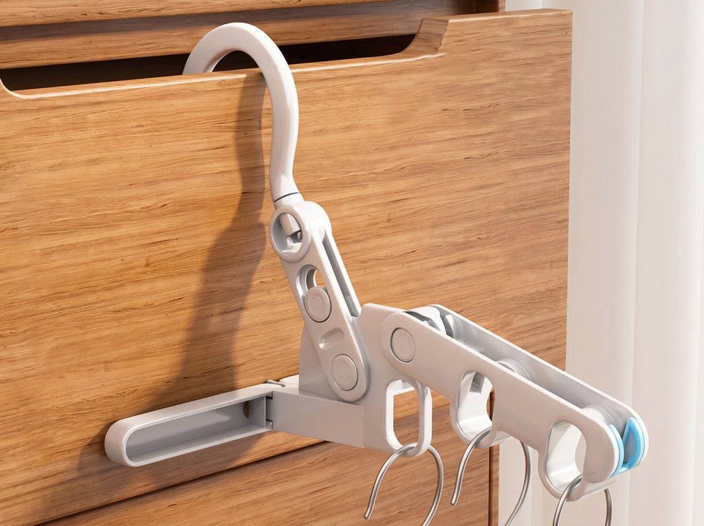Foldable Five-Hole Clothes Drying Rack for Closet and Travel, Sky Blue in a realistic home setting