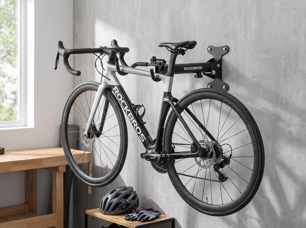 Wall-Mounted Folding Bike Rack with Adjustable Arm in a realistic home setting