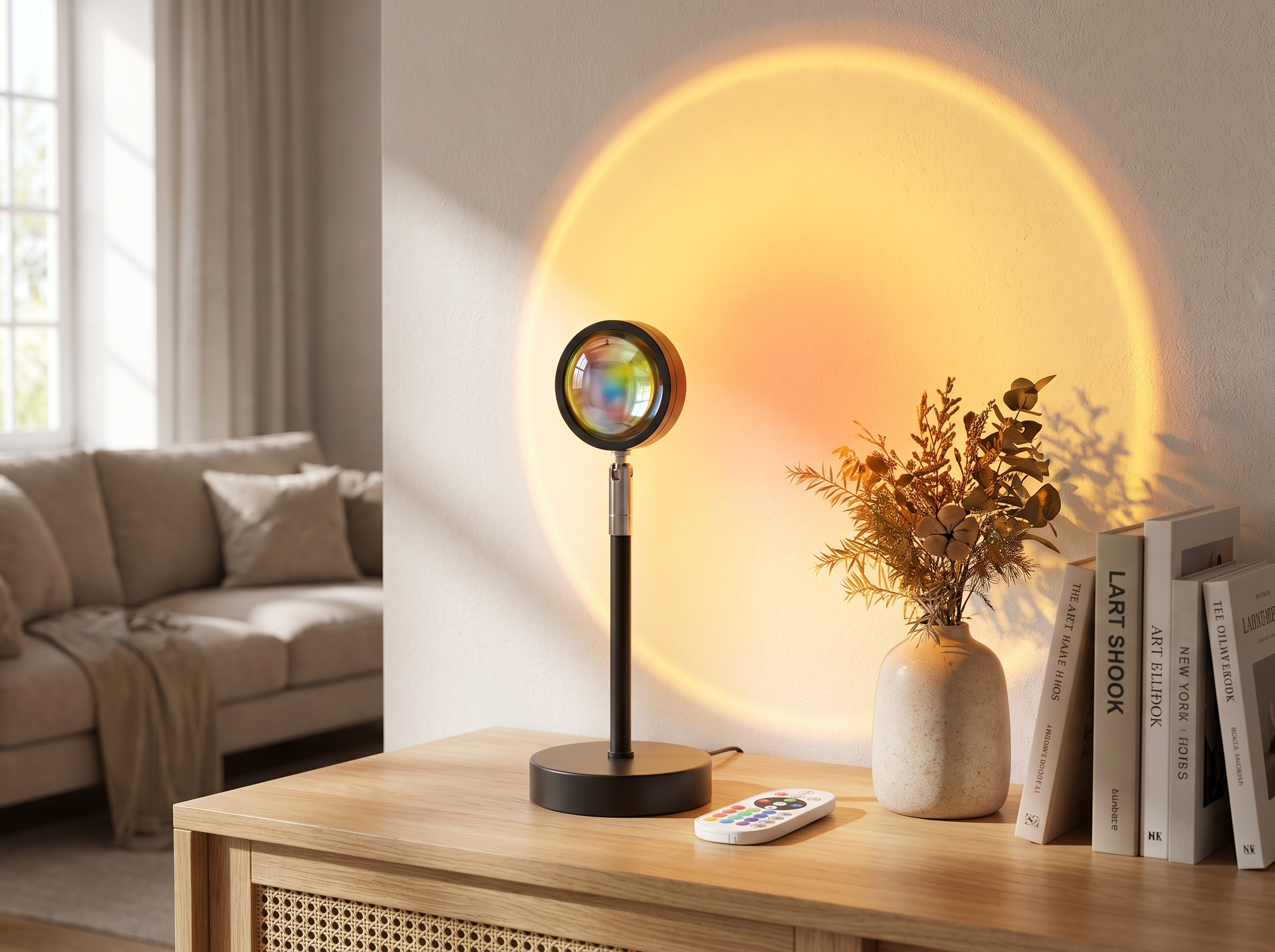 Sunset Projection Lamp with 16-Color LED and Remote for Cozy Home Lighting in a realistic home setting