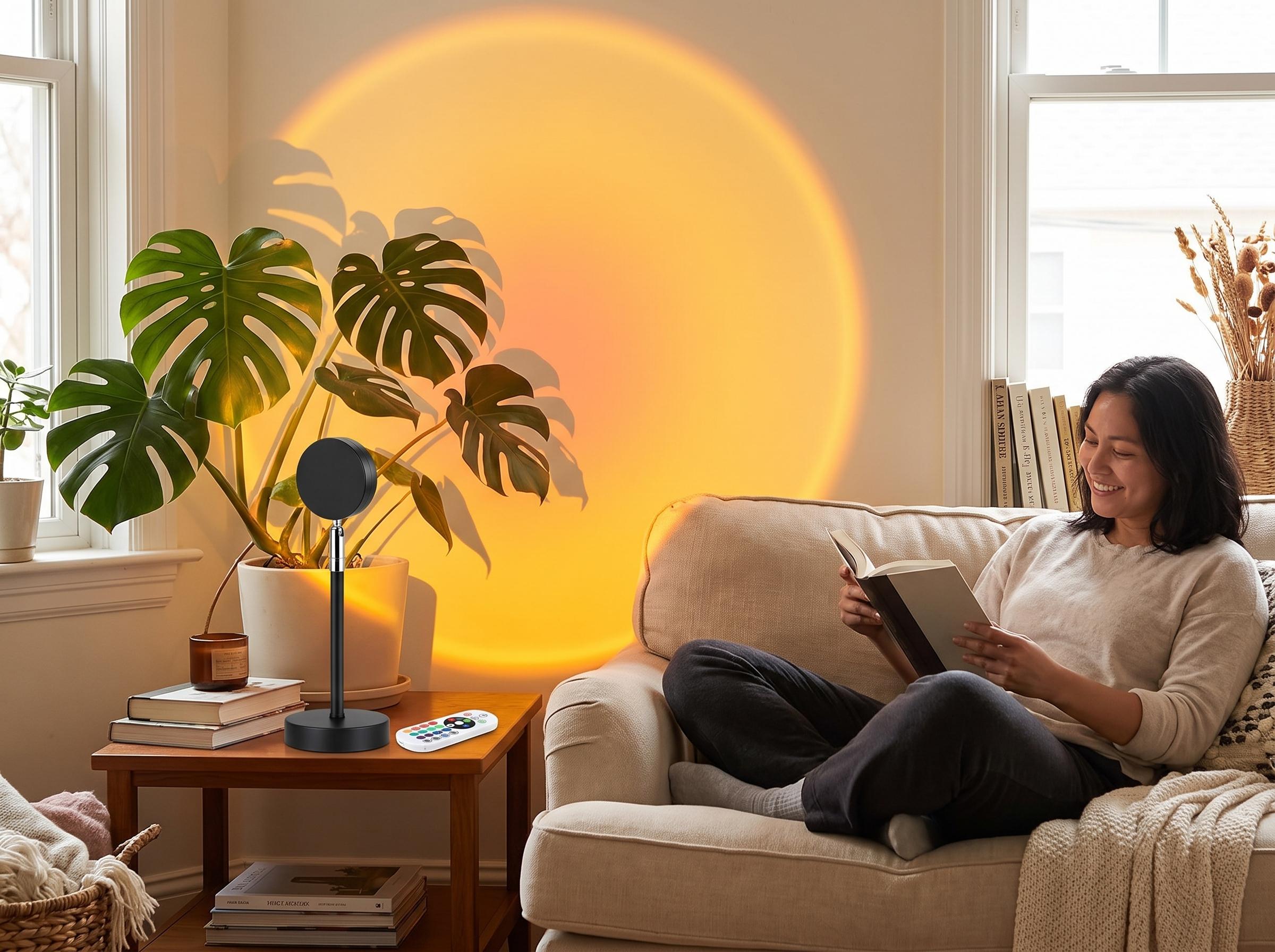 Sunset Projection Lamp with 16-Color LED and Remote for Cozy Home Lighting shown in natural everyday use at home