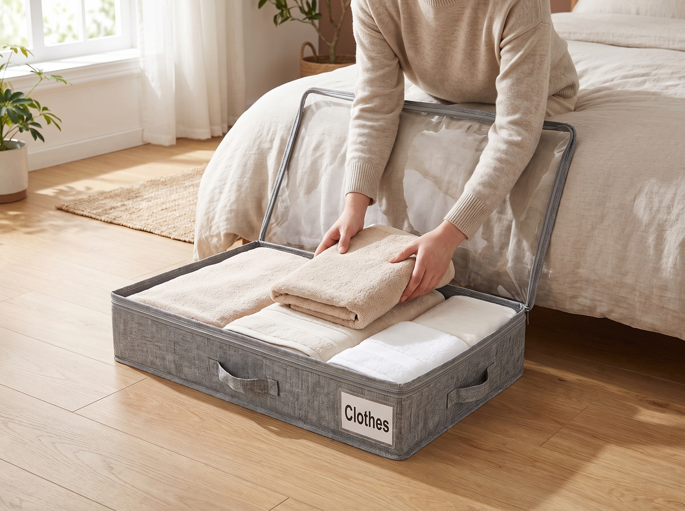Rolling Underbed Storage Bin with Clear Lid for Clothes & Blankets shown in natural everyday use at home