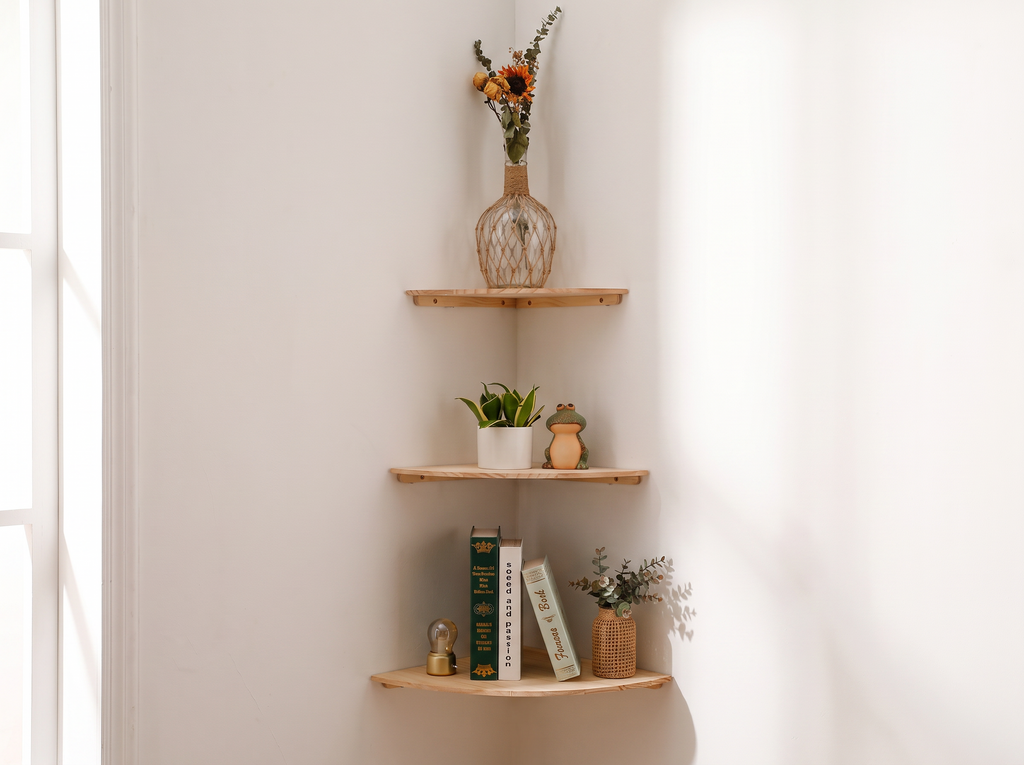 Scalloped Wooden Corner Wall Shelf for Living Room, Bedroom, or Kitchen in a realistic home setting