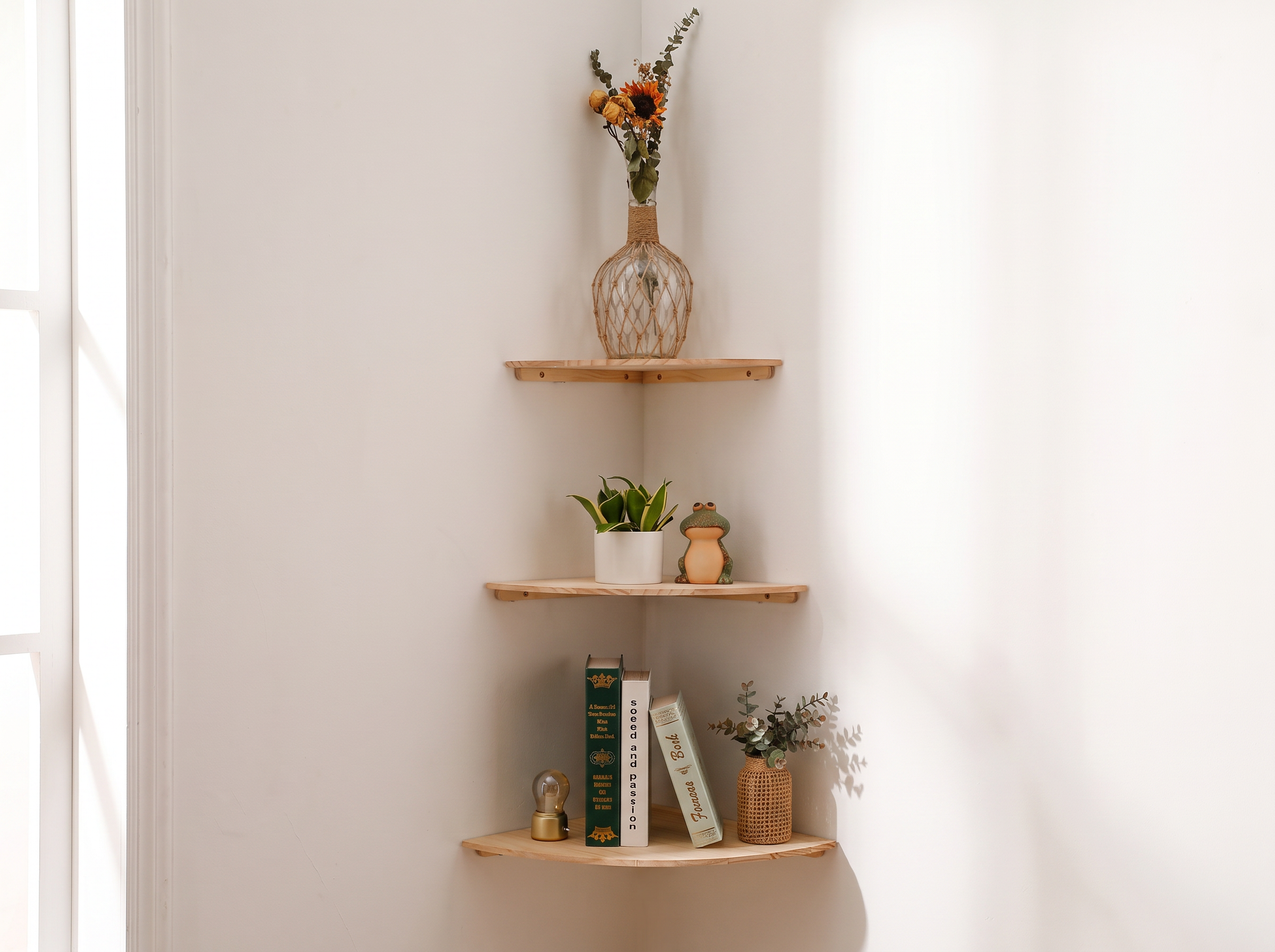 Scalloped Wooden Corner Wall Shelf for Living Room, Bedroom, or Kitchen in a realistic home setting