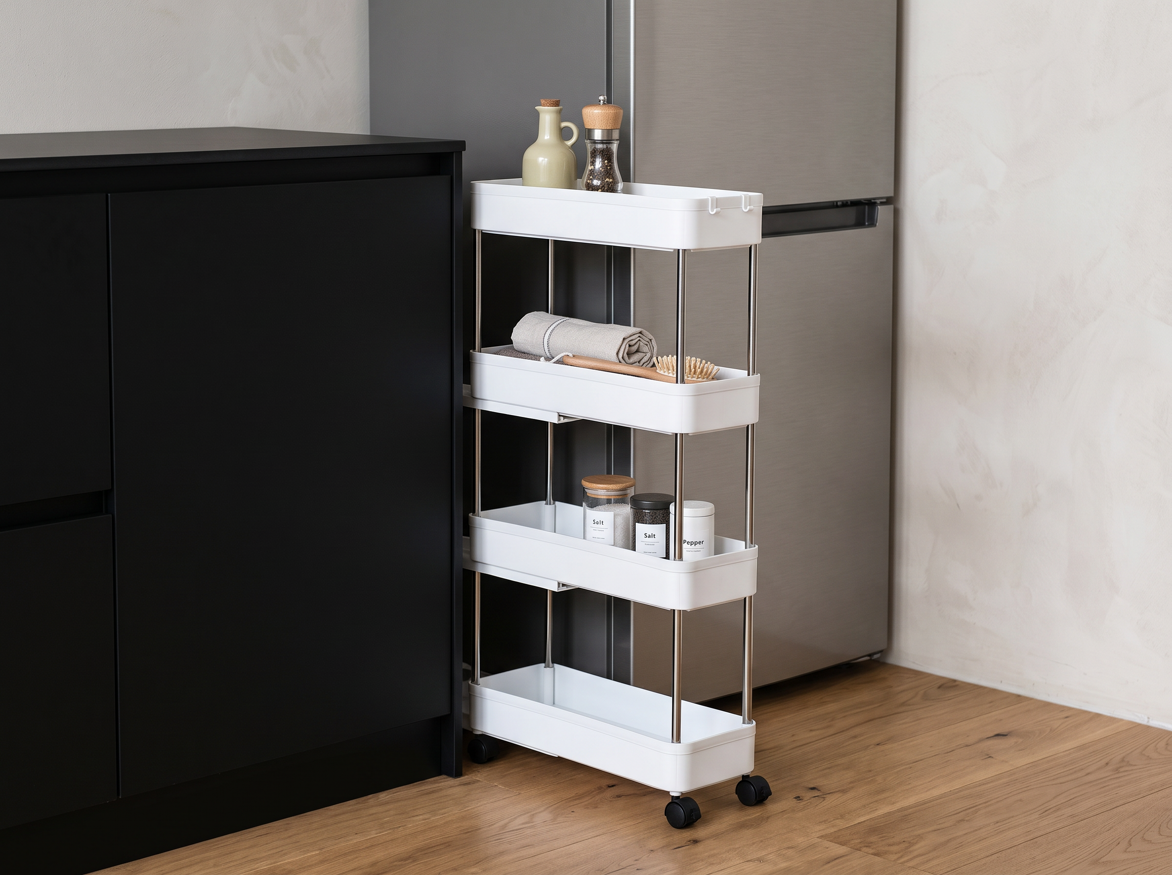 Slim Rolling Utility Cart for Kitchen, Bathroom, or Laundry Gap Storage in a realistic home setting