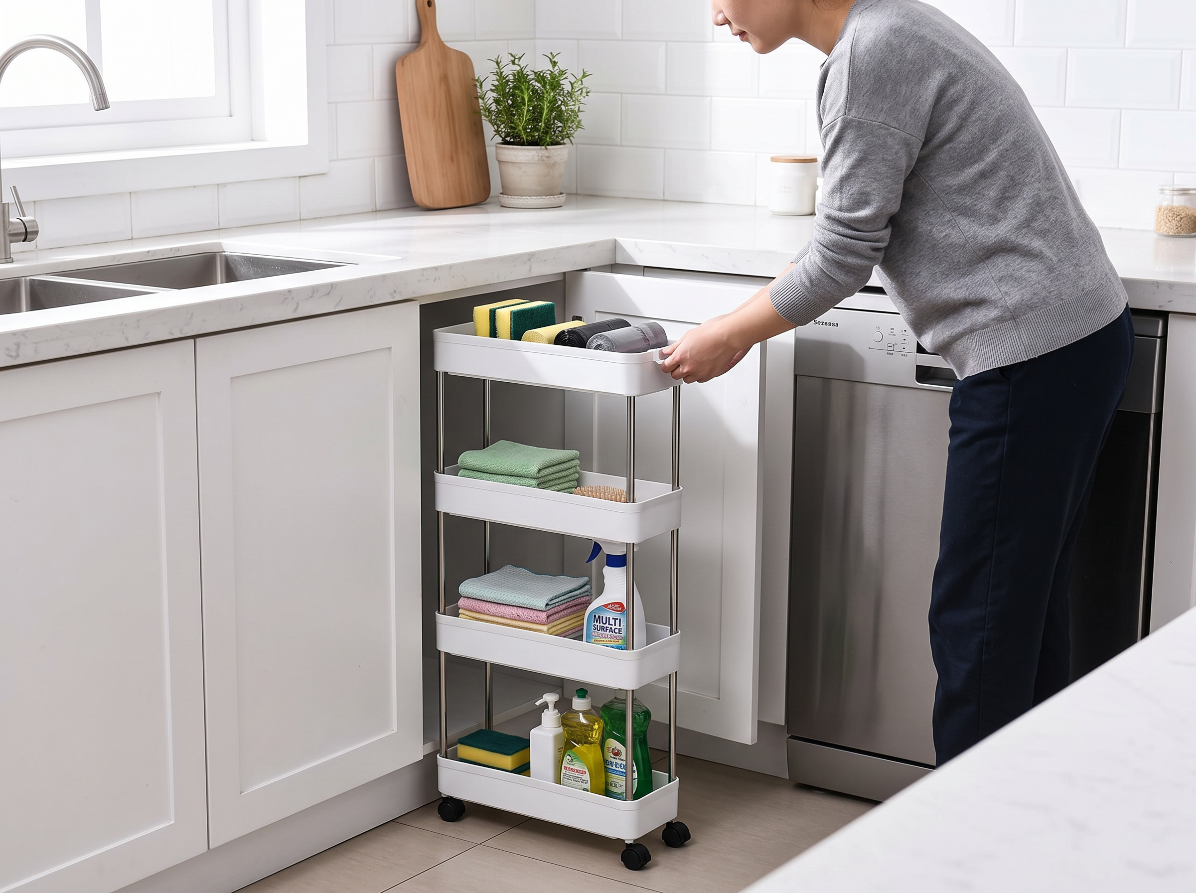 Slim Rolling Utility Cart for Kitchen, Bathroom, or Laundry Gap Storage shown in natural everyday use at home