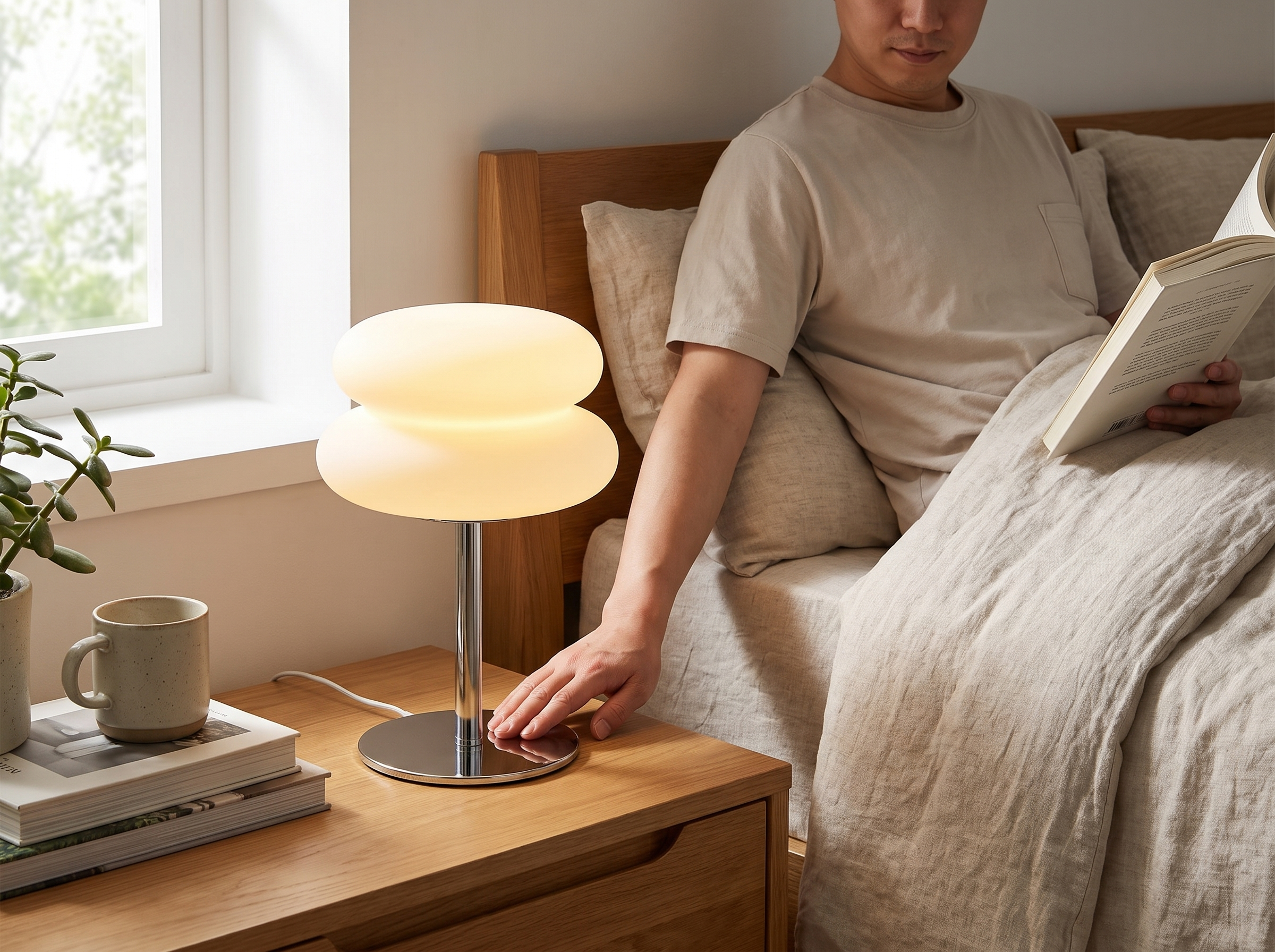 Cloud-Inspired Bedside Table Lamp with USB and Adjustable Warm/Cool Light shown in natural everyday use at home