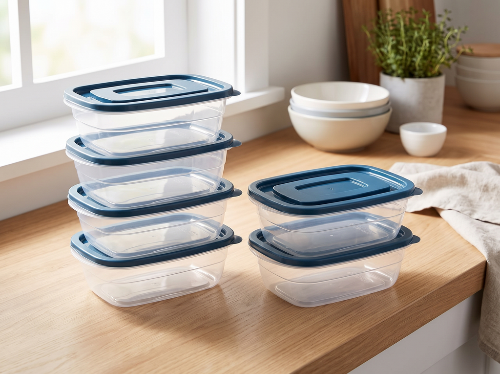 6-Pack Stackable Plastic Food Storage Containers with Blue Lids (24oz) in a realistic home setting