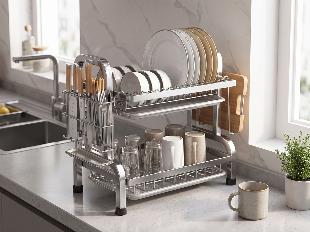 Compact 2-Tier Metal Dish Drying Rack with Utensil and Board Holder in a realistic home setting