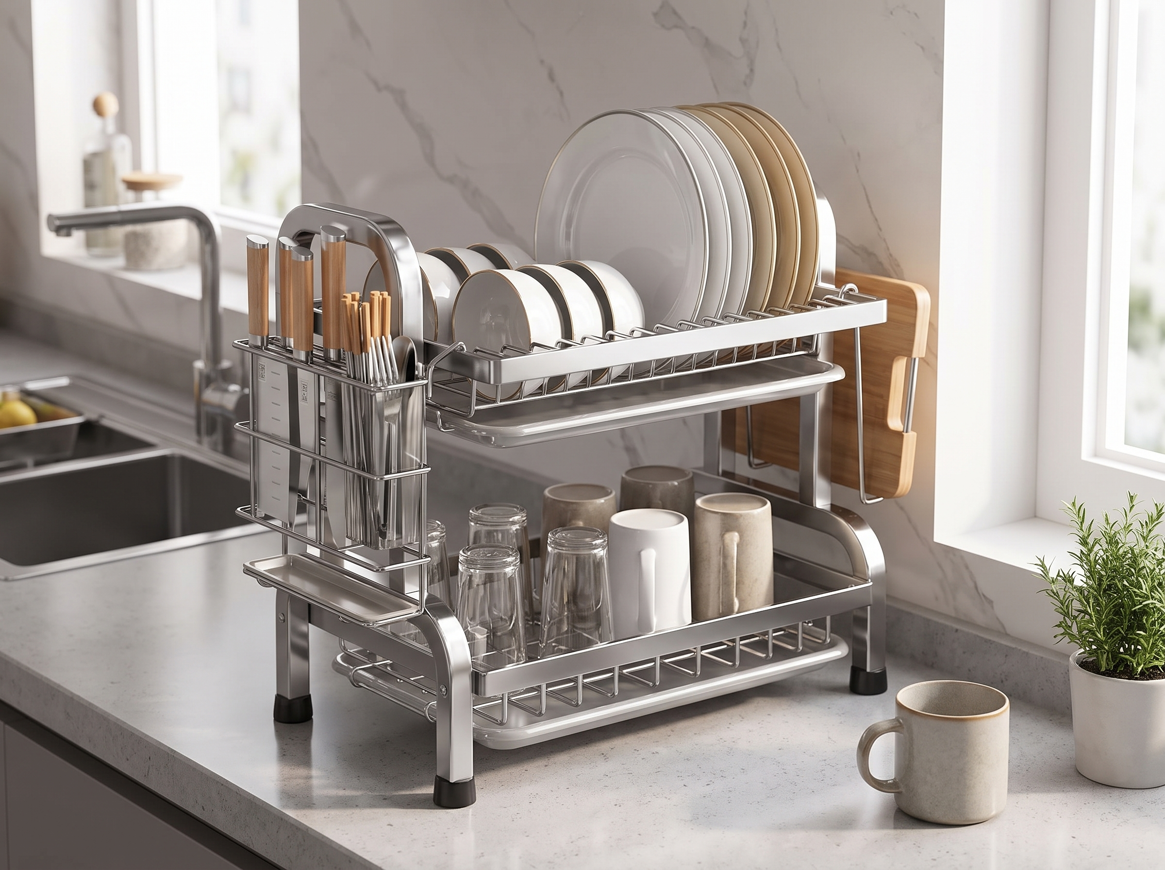 Compact 2-Tier Metal Dish Drying Rack with Utensil and Board Holder in a realistic home setting