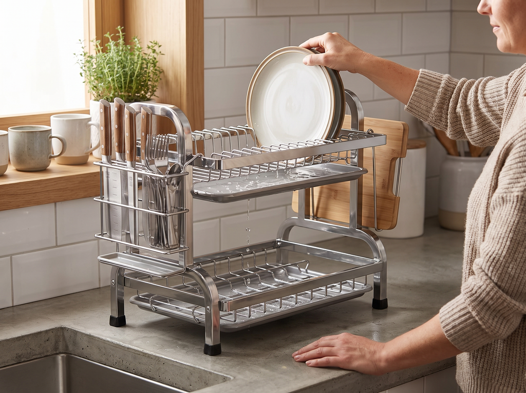 Compact 2-Tier Metal Dish Drying Rack with Utensil and Board Holder shown in natural everyday use at home
