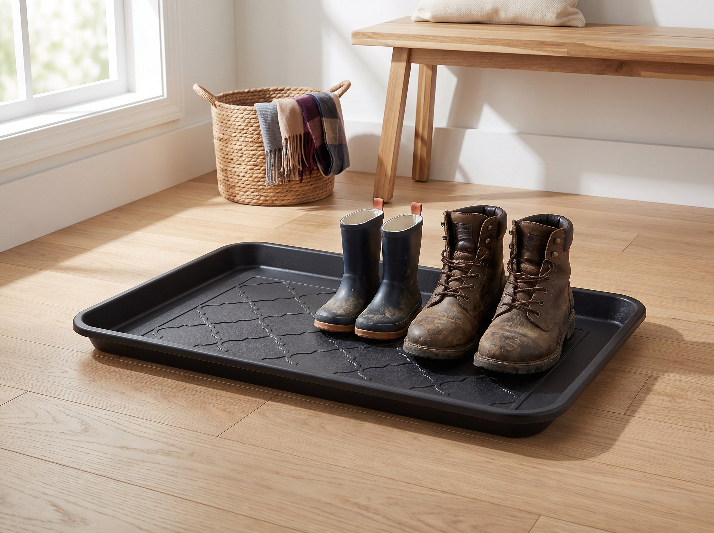 Large Plastic Boot Tray for Entryway, Hallway, or Laundry Room in a realistic home setting