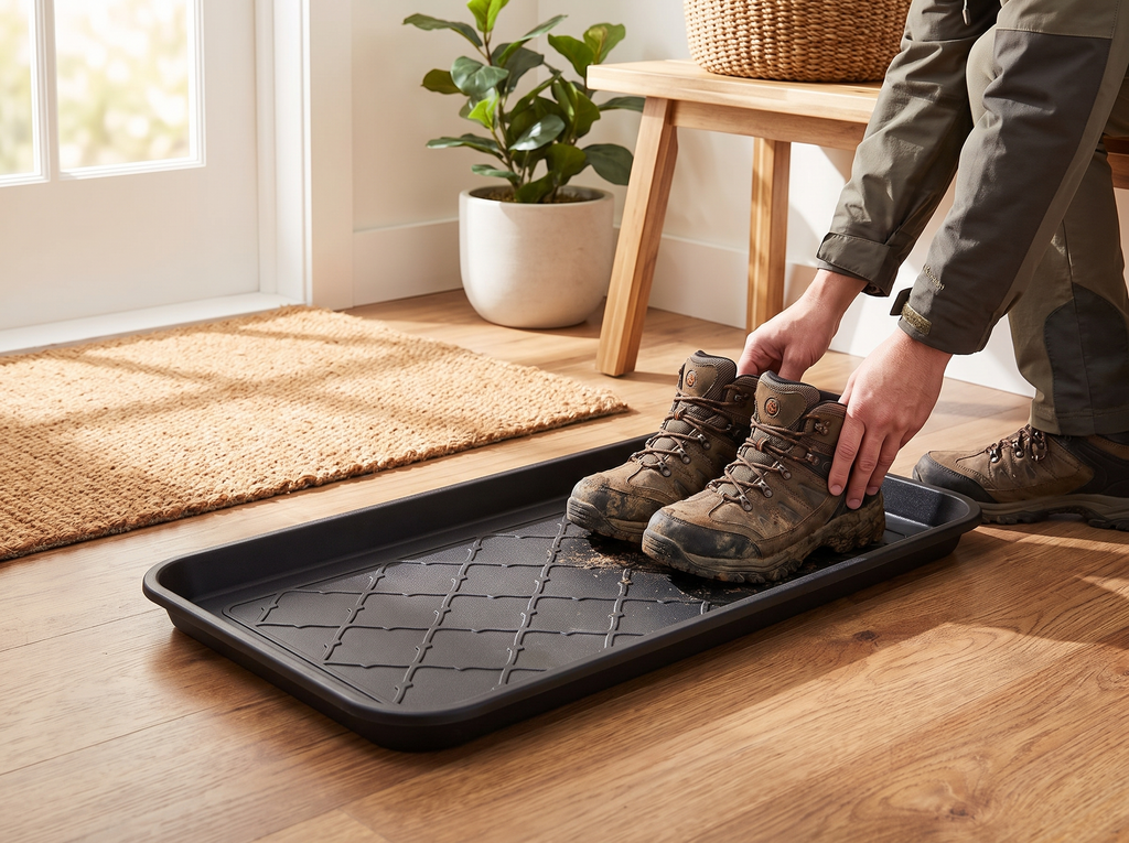 Large Plastic Boot Tray for Entryway, Hallway, or Laundry Room shown in natural everyday use at home