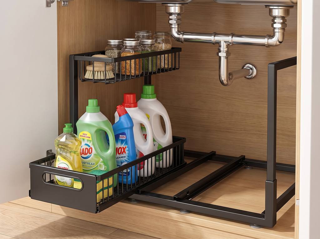 Metal Under Sink Organizer Shelf with Sliding Drawer in a realistic home setting