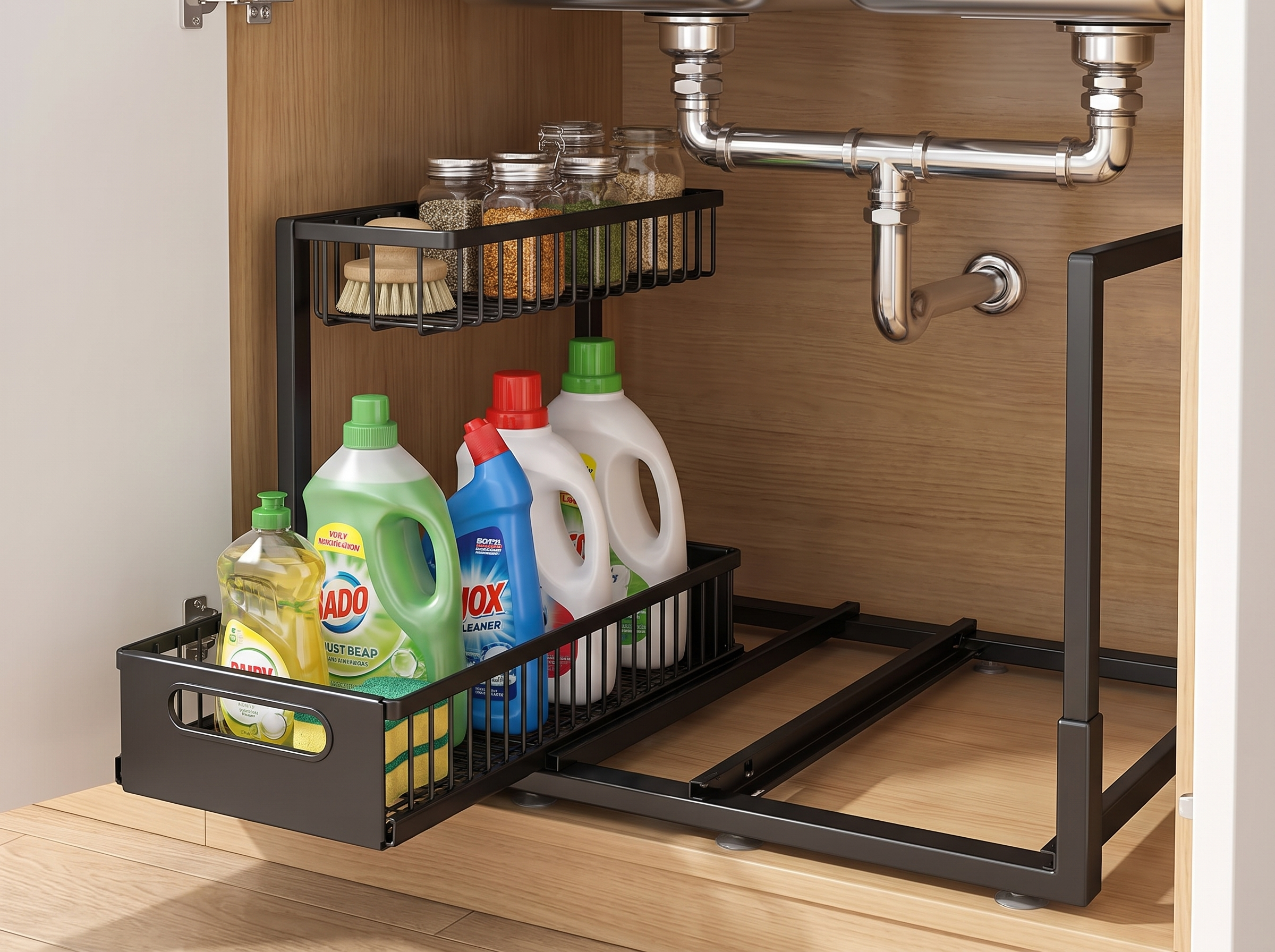 Metal Under Sink Organizer Shelf with Sliding Drawer in a realistic home setting
