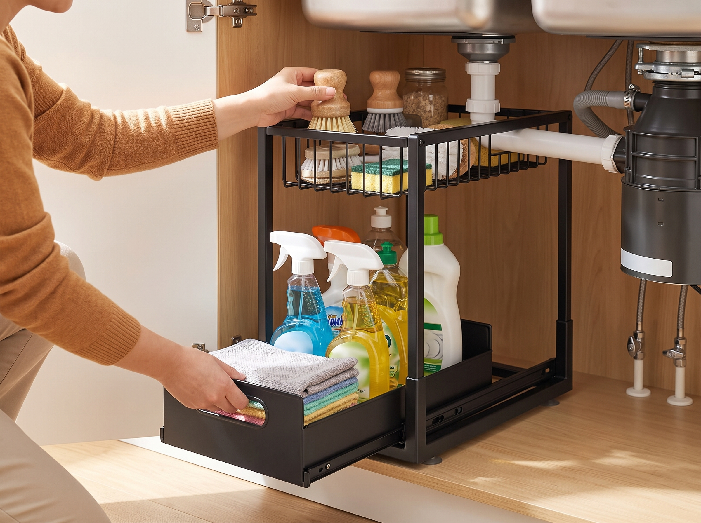 Metal Under Sink Organizer Shelf with Sliding Drawer shown in natural everyday use at home