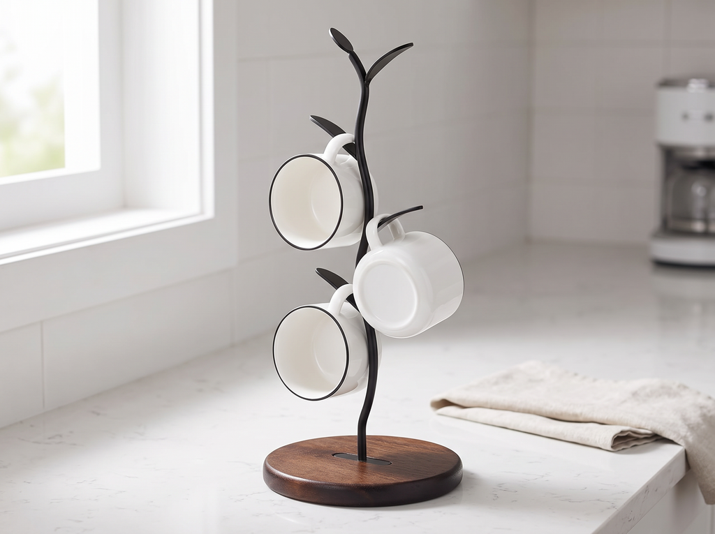 Single Row Black Mug Tree Stand with Wood Base for Kitchen Counters in a realistic home setting