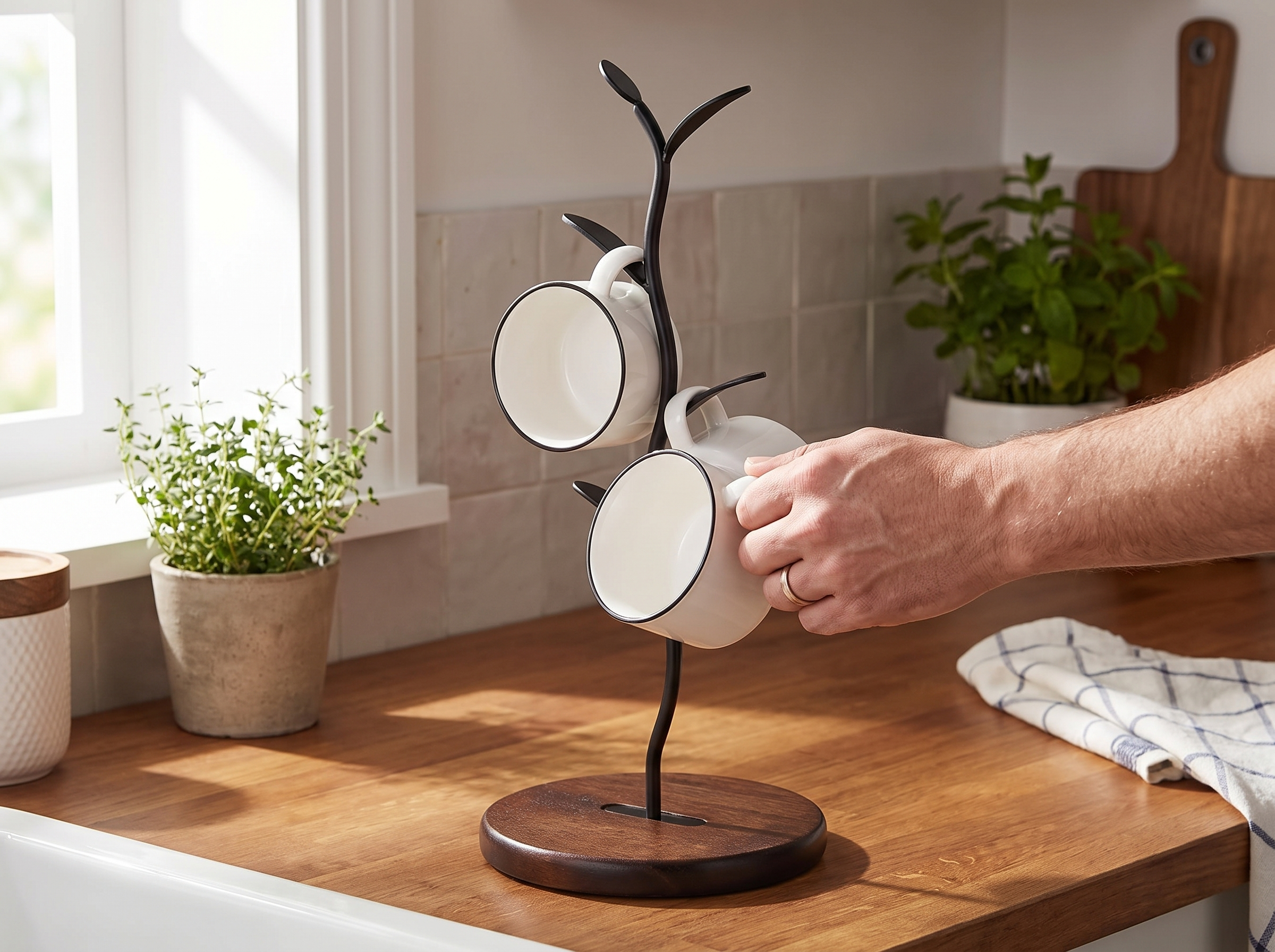 Single Row Black Mug Tree Stand with Wood Base for Kitchen Counters shown in natural everyday use at home