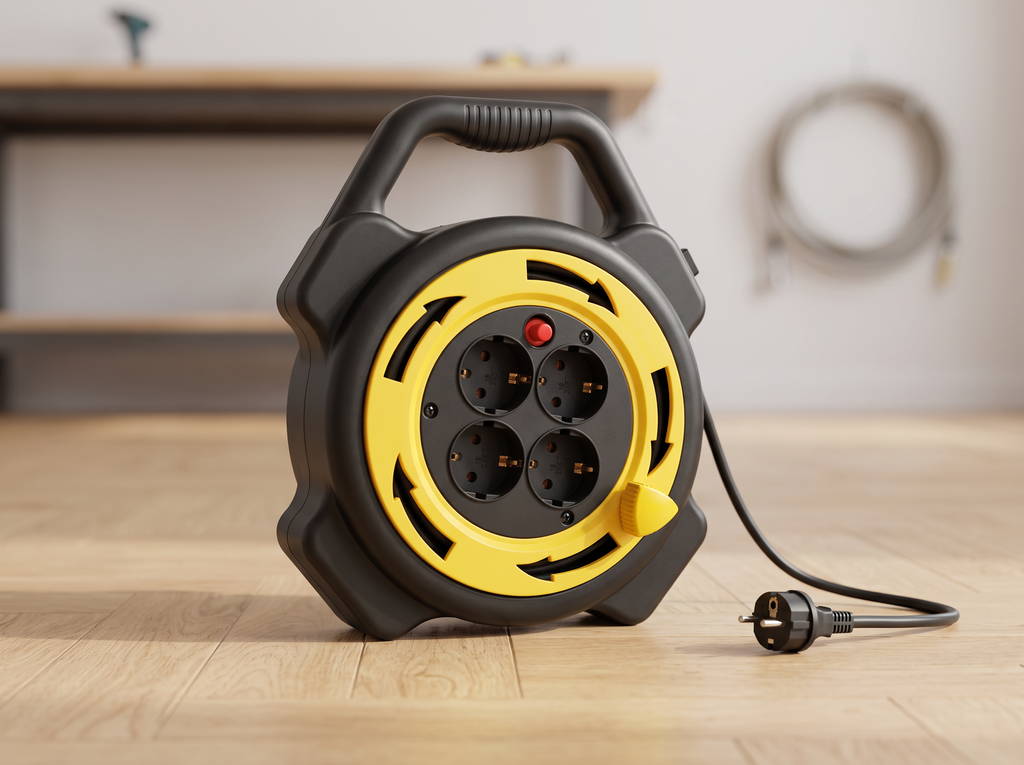 10M Retractable Extension Cord Reel with 4 EU Sockets and Carry Handle in a realistic home setting