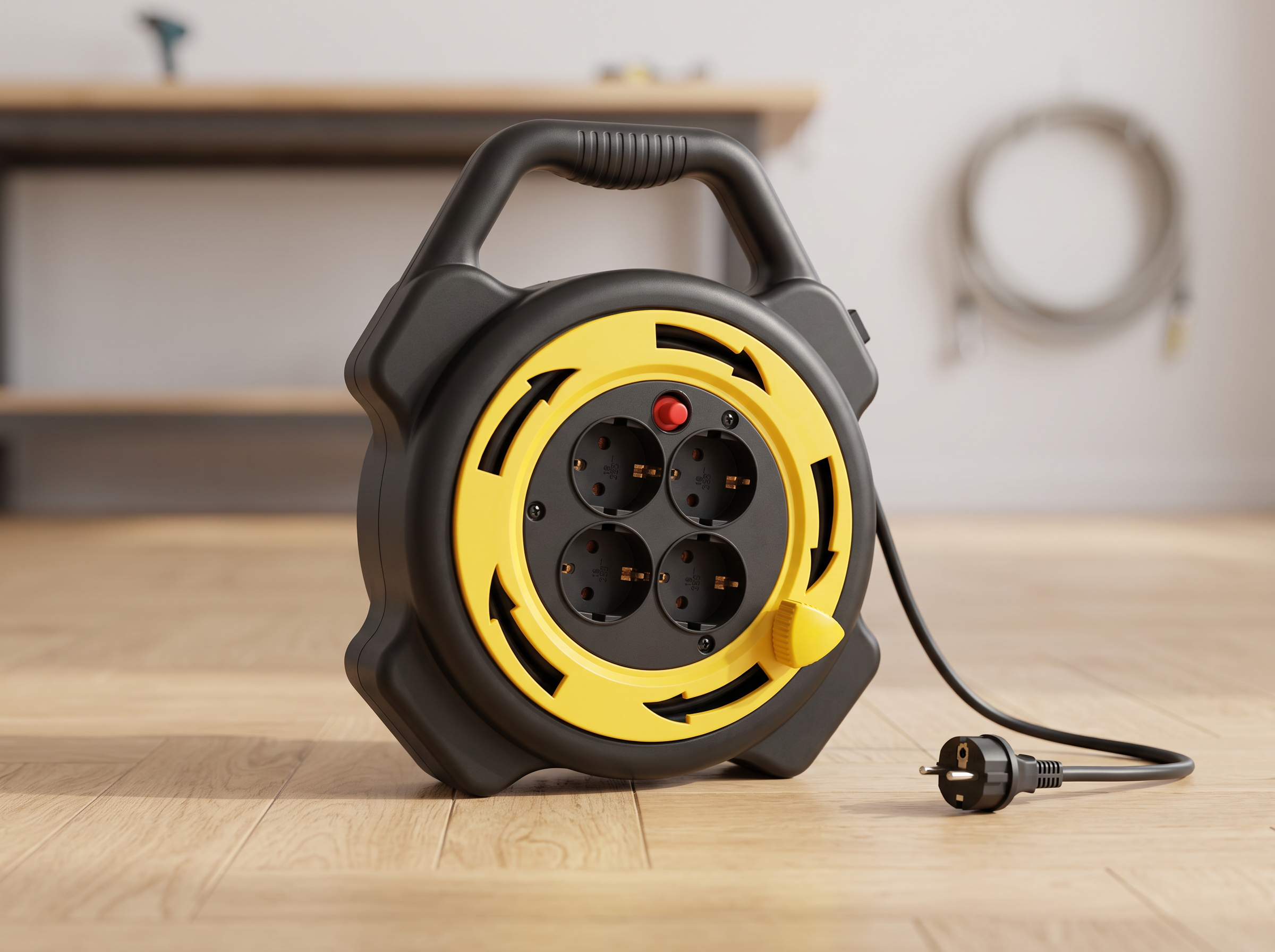 10M Retractable Extension Cord Reel with 4 EU Sockets and Carry Handle in a realistic home setting