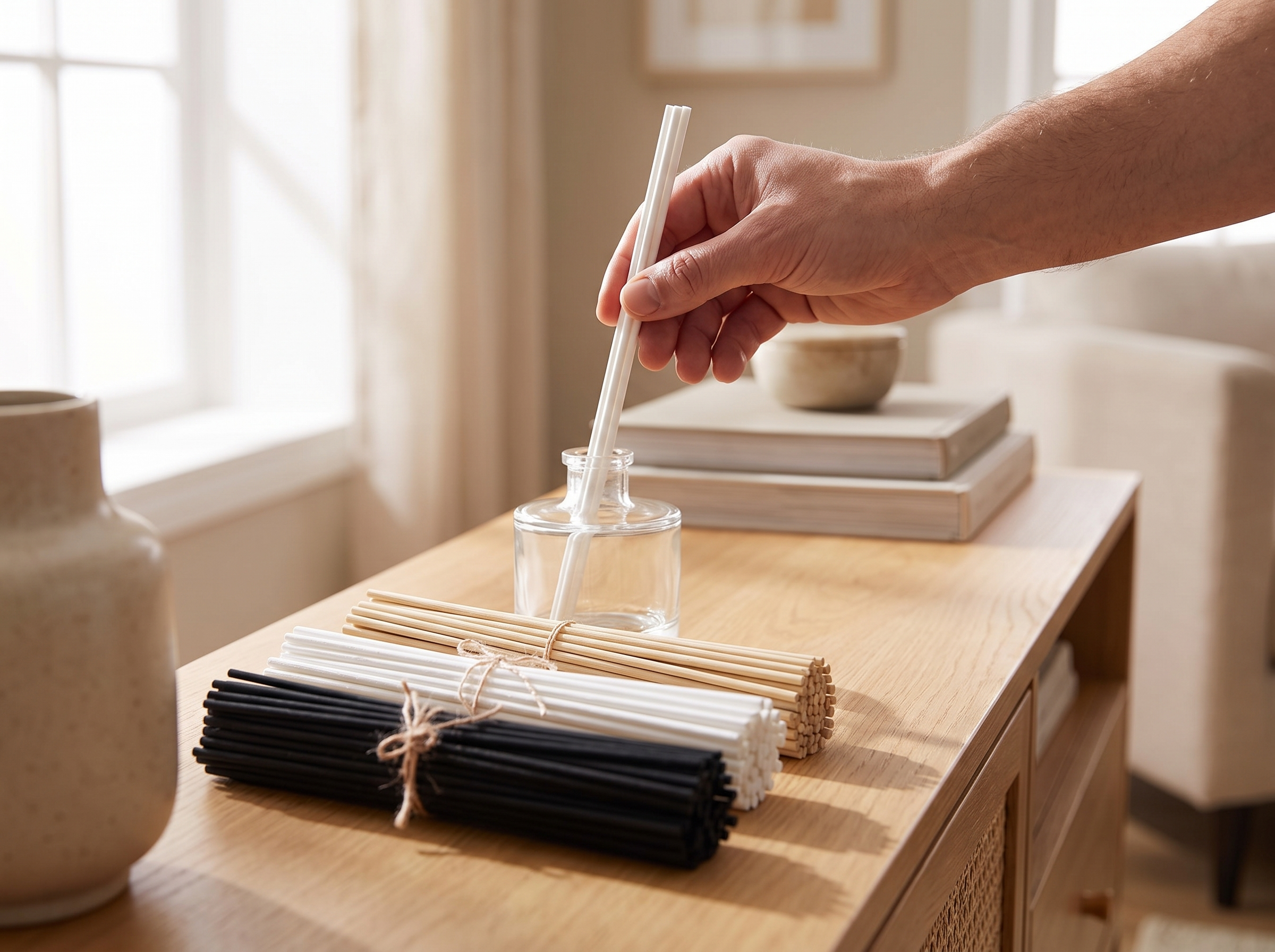 Reed Diffuser Replacement Sticks Set – 100 Fiber Sticks for Home Fragrance shown in natural everyday use at home