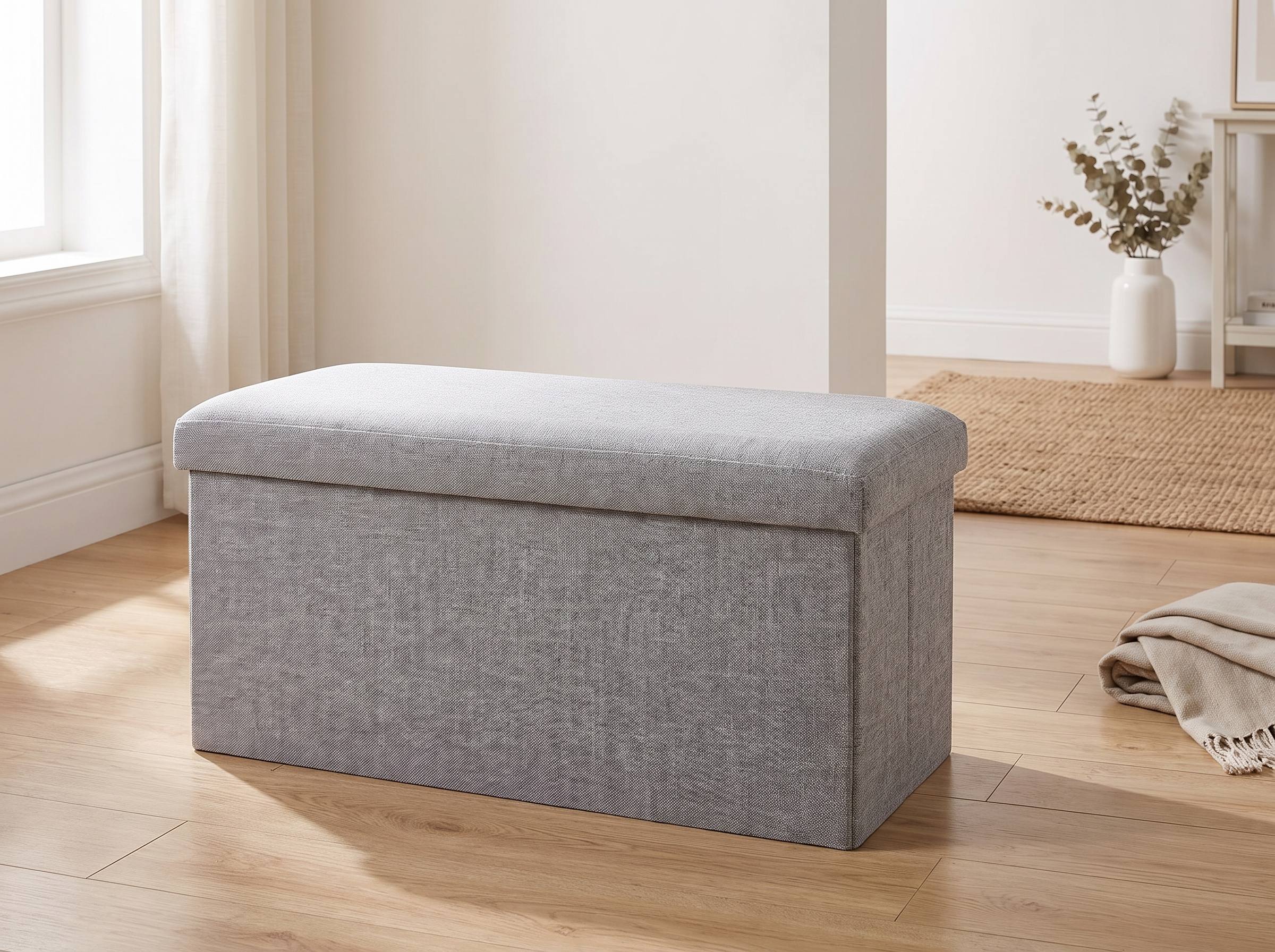 Linen Storage Ottoman Bench for Entryway, Living Room or Bedroom in a realistic home setting
