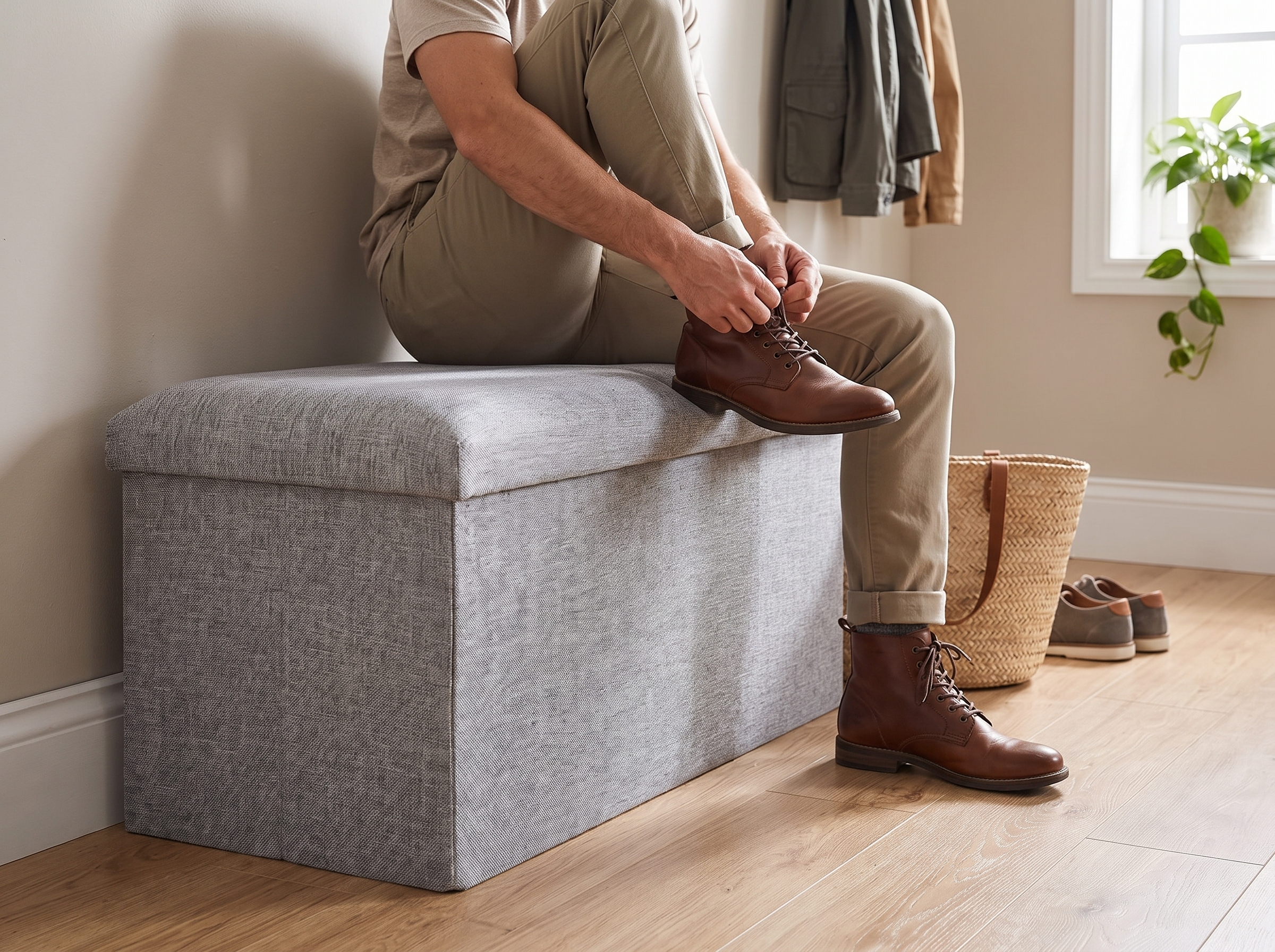 Linen Storage Ottoman Bench for Entryway, Living Room or Bedroom shown in natural everyday use at home